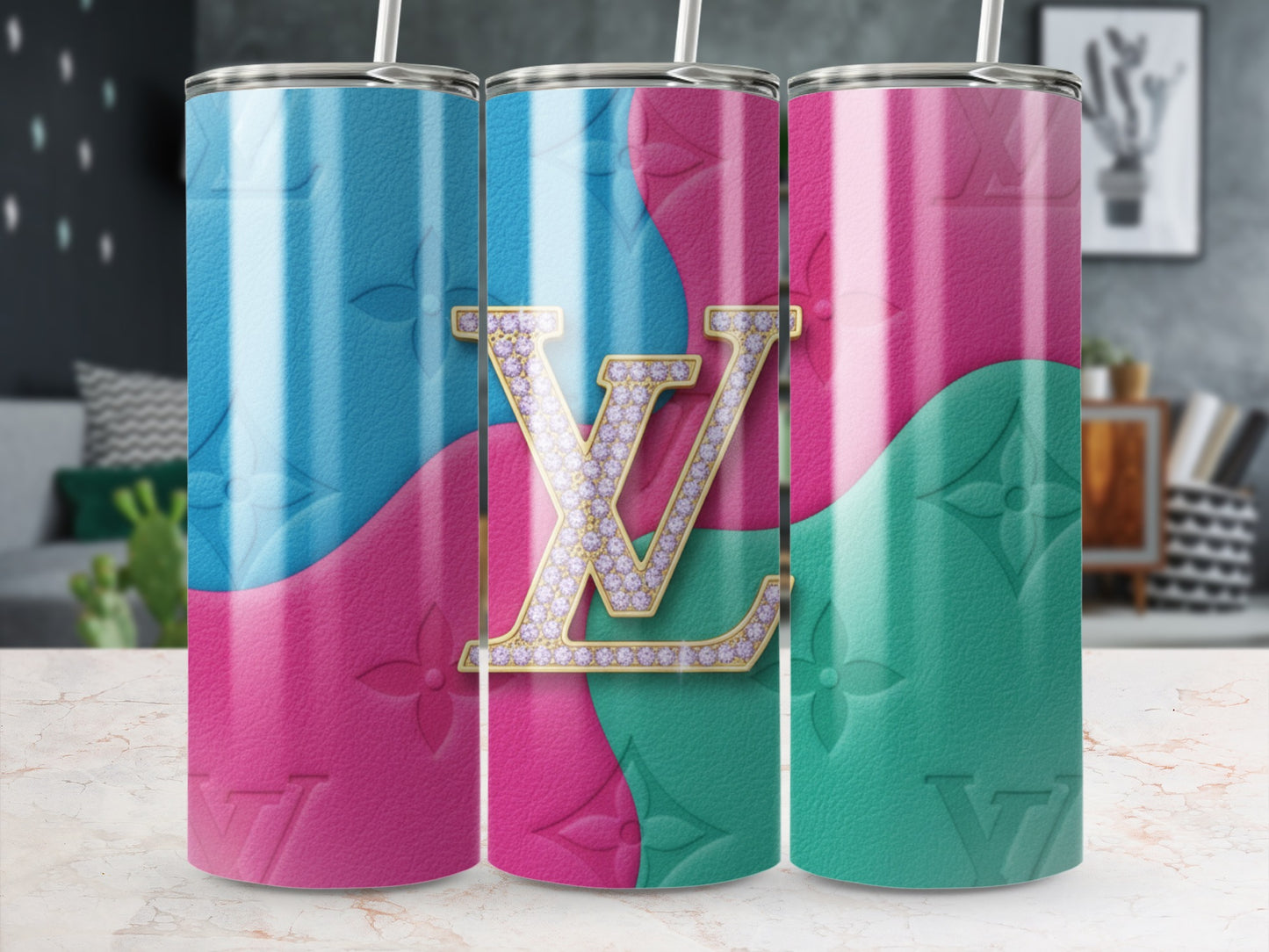 Colorful Louis Vuitton Design Tumbler with Rhinestones