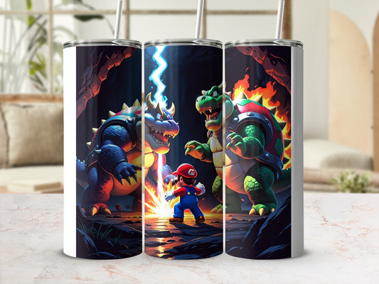 Mario battling Bowser and Bowser Jr. in a cave on a tumbler.