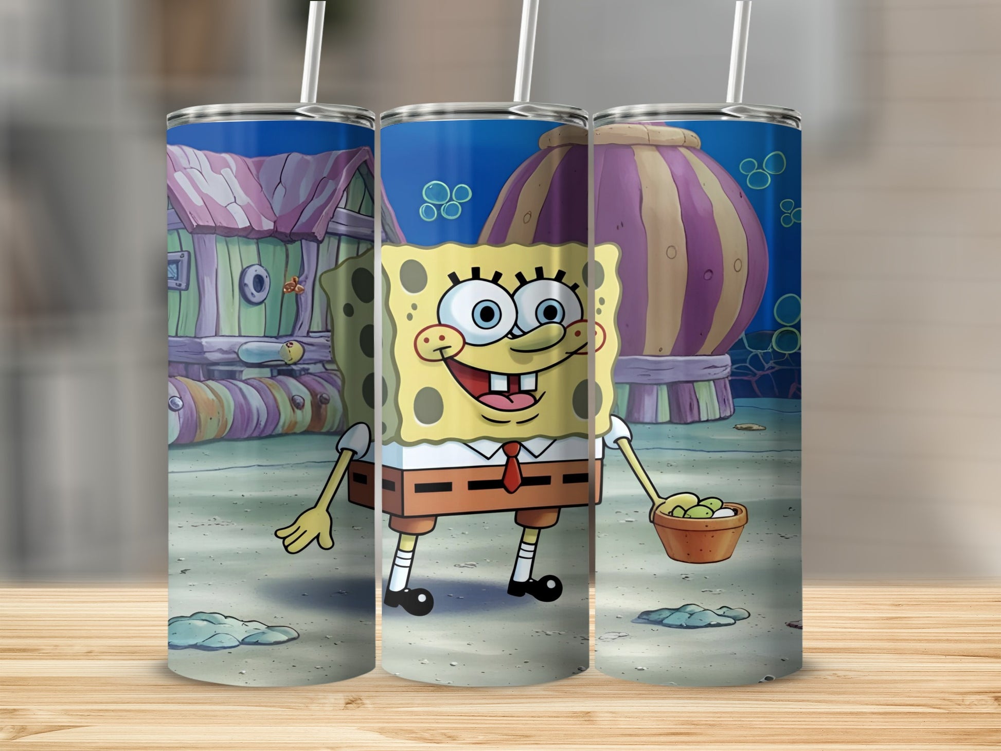 SpongeBob SquarePants character on a tumbler with a yellow and purple striped object.