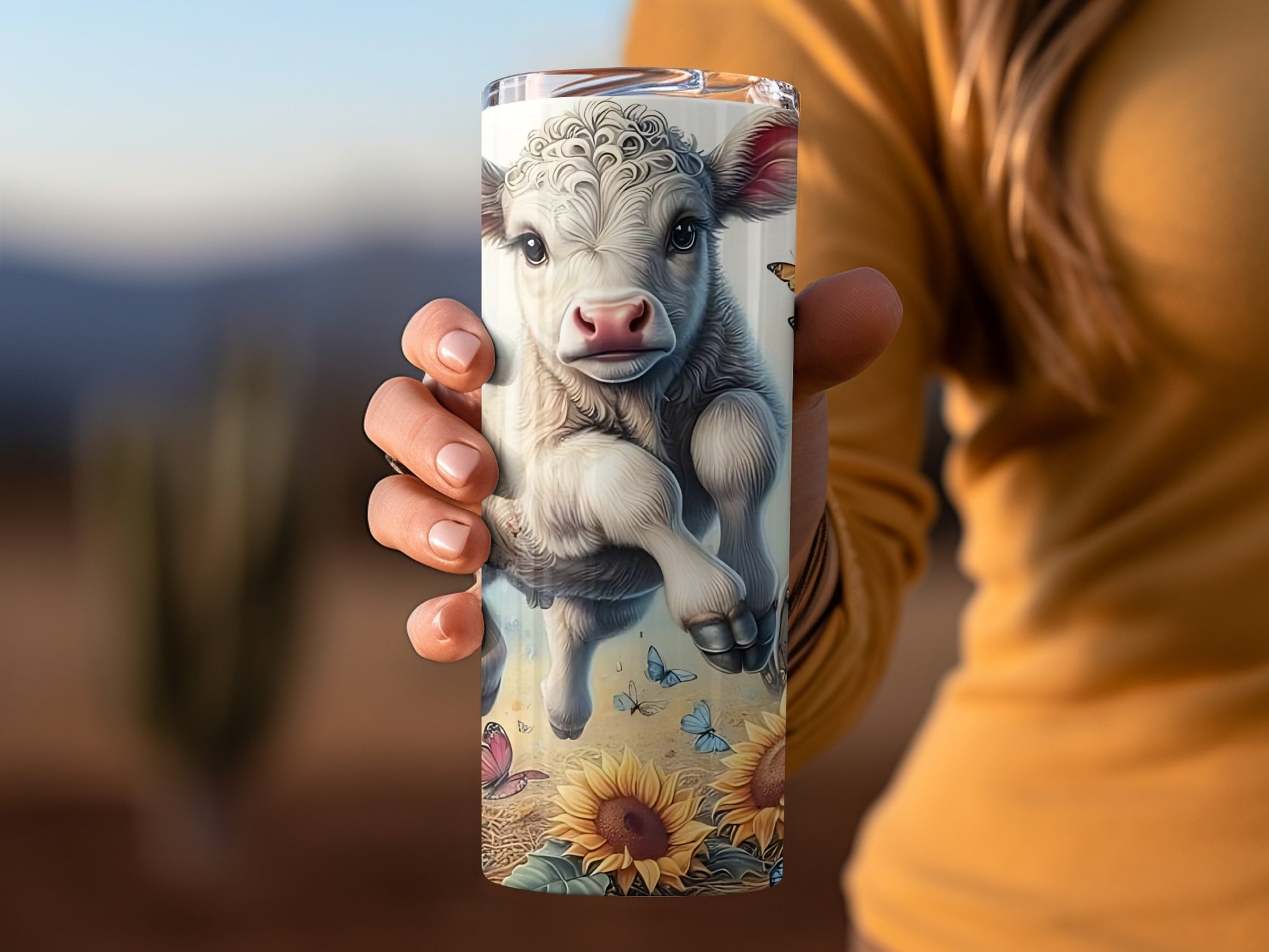 Adorable Cow with Sunflowers and Butterflies Tumbler