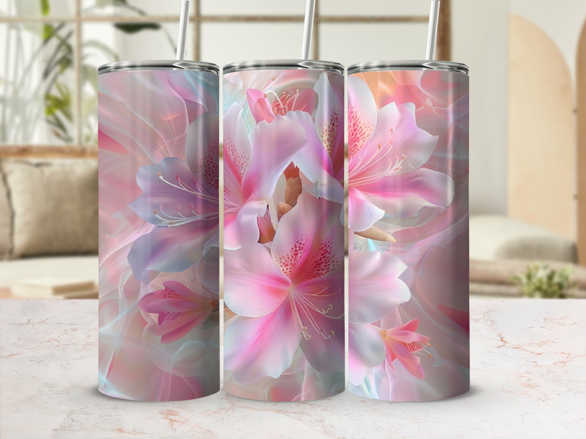 Three tumblers with abstract pink and blue floral designs and straws.
