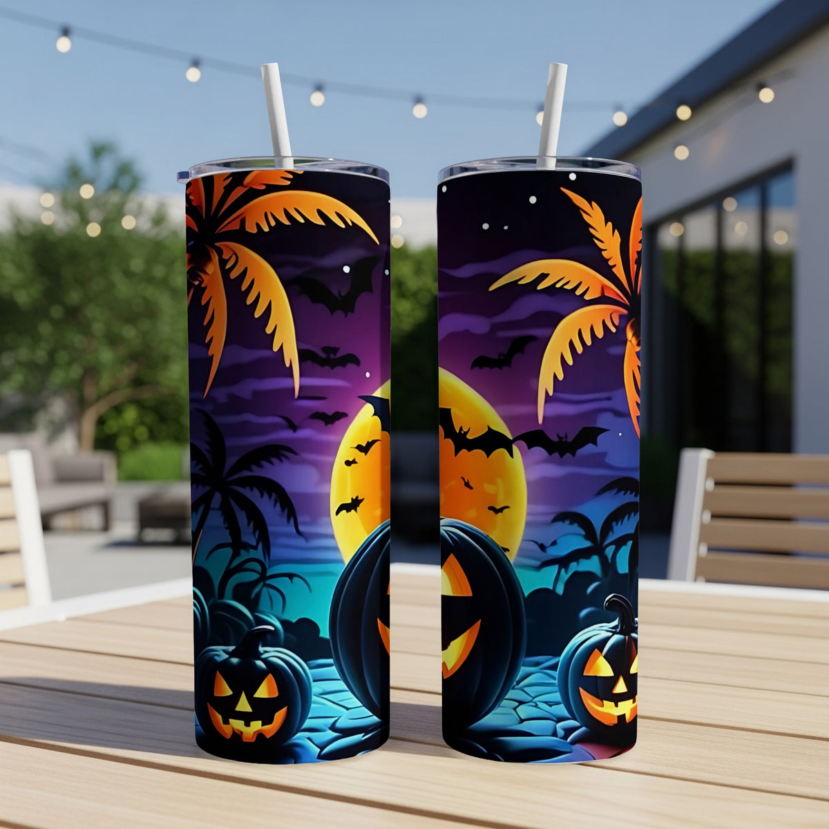 Two tumblers with a Halloween tropical scene, featuring pumpkins, bats, and palm trees.