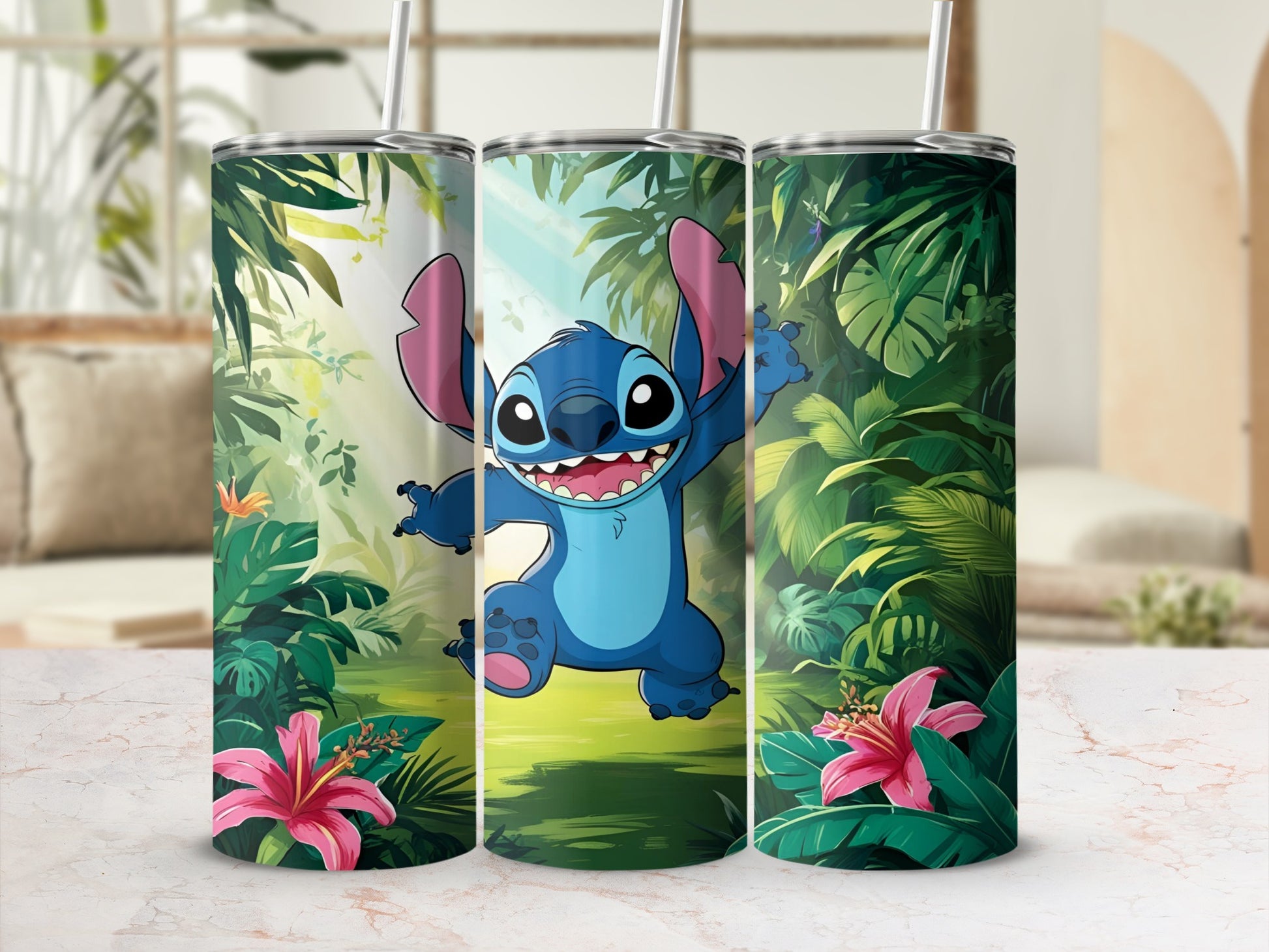 Stitch character jumping joyfully in a jungle with pink flowers.