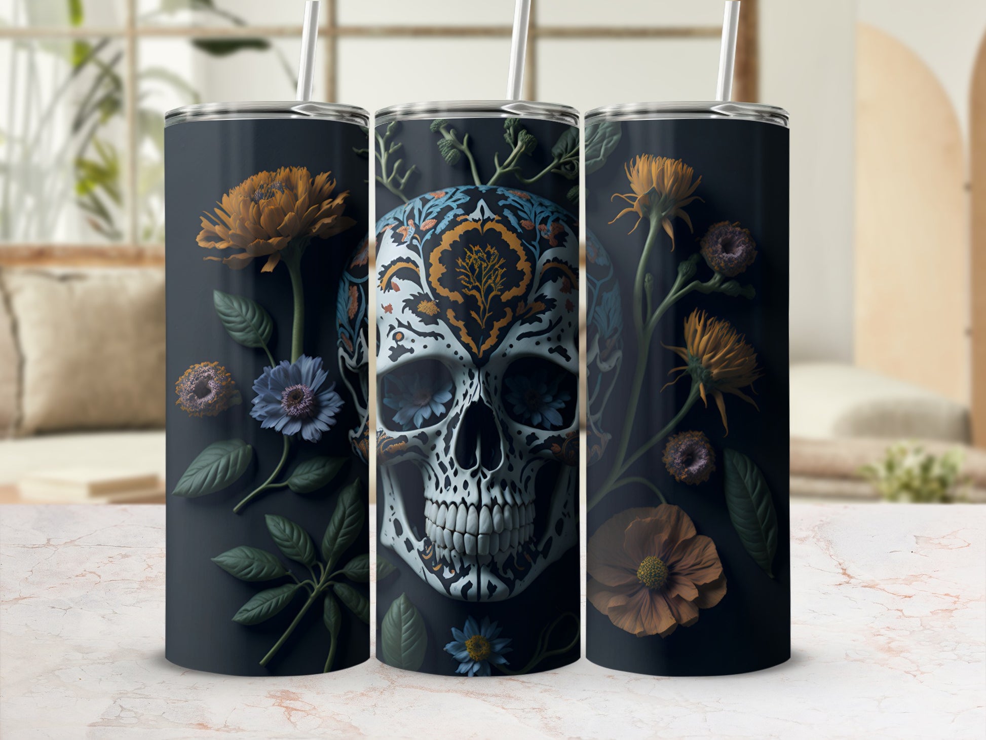 Floral Skull Art Design Insulated Tumbler for Beverages
