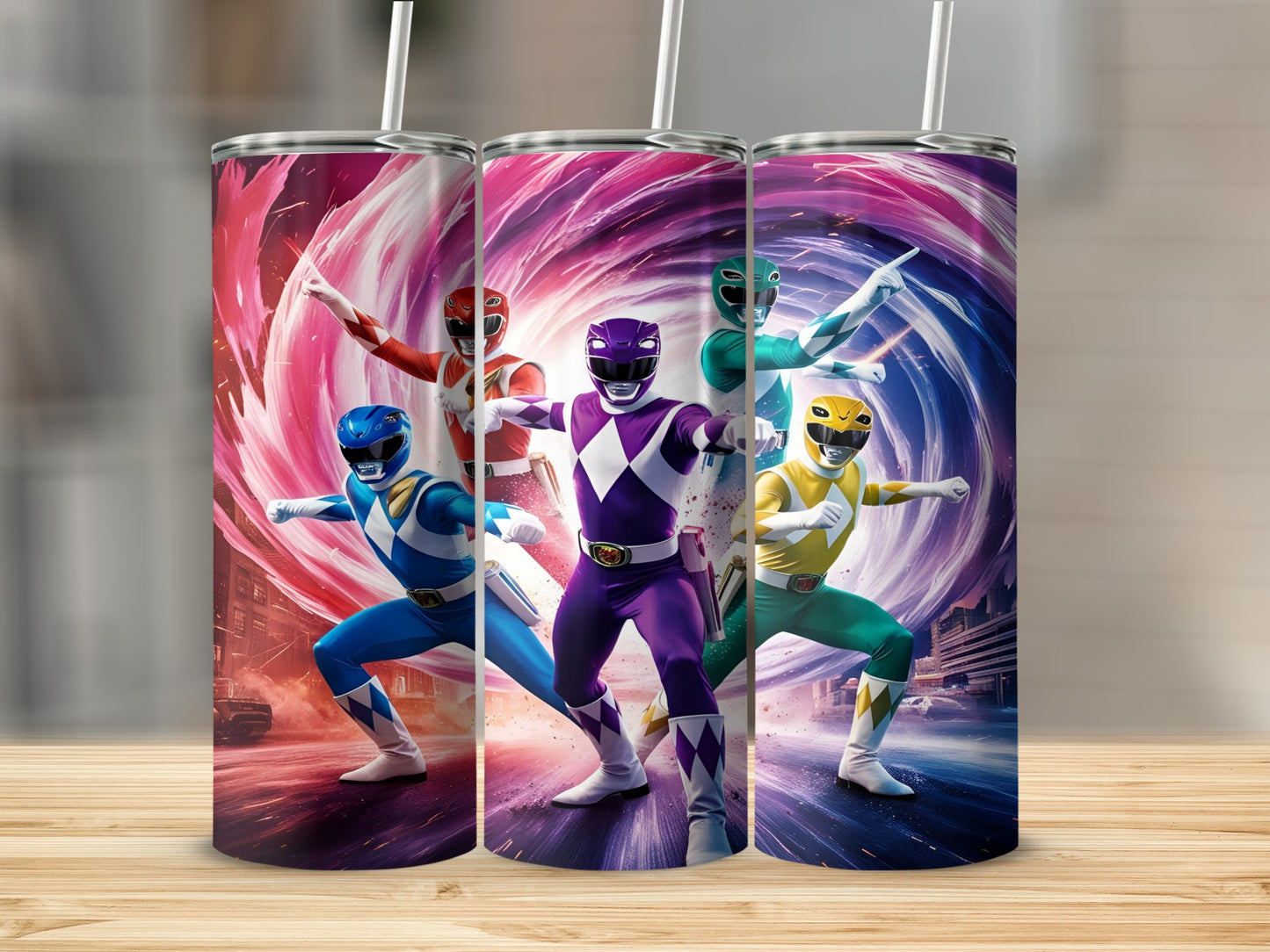 Three Power Rangers in a swirl of color.