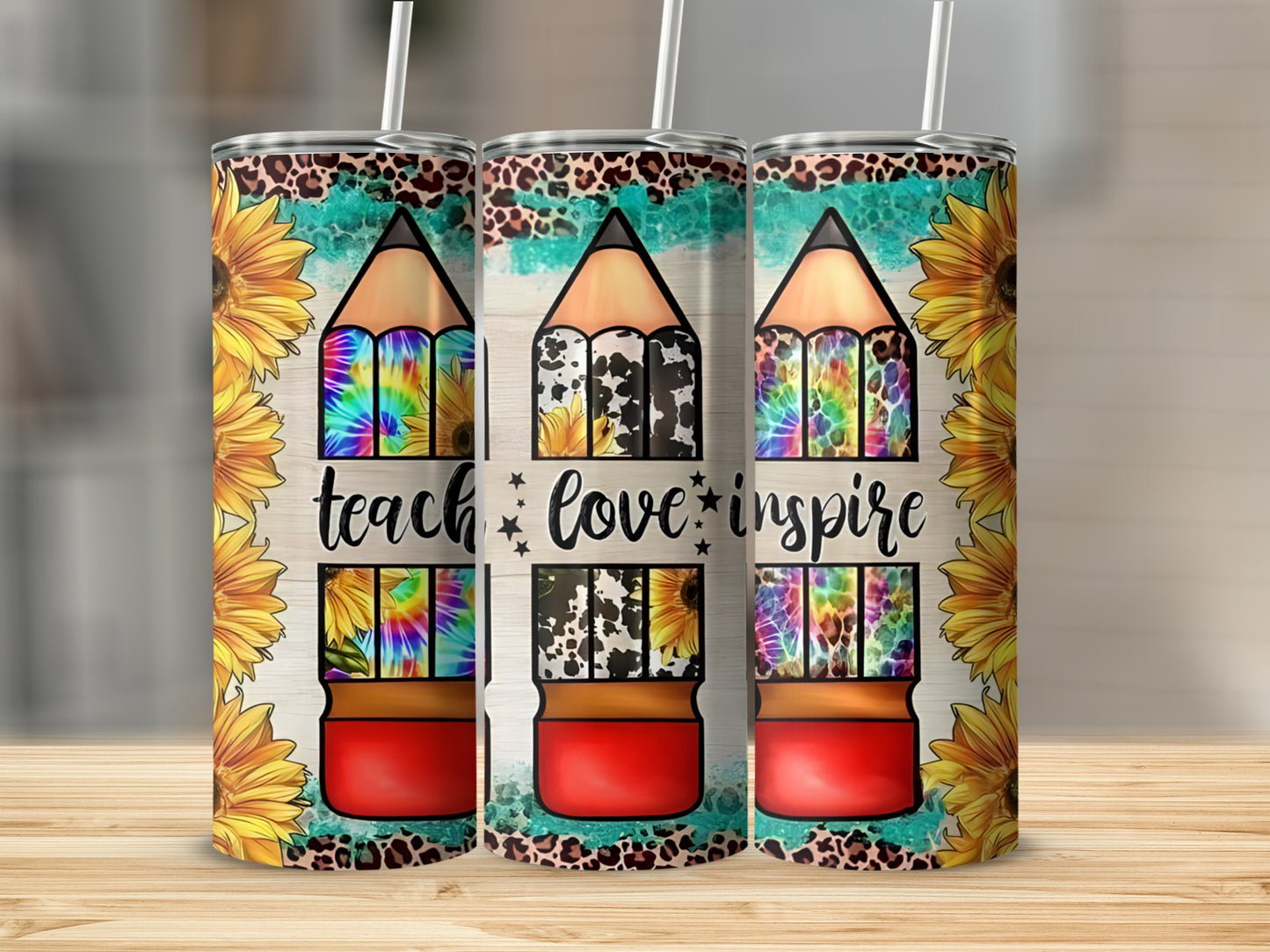 Tumbler with sunflowers, pencils, tie-dye, and leopard print: teach love inspire.