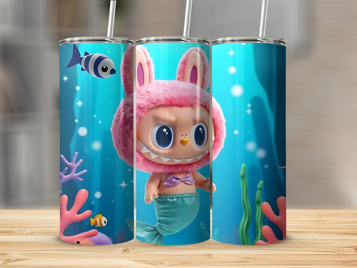 Cute Cartoon Mermaid and Fish Blue Design Tumbler