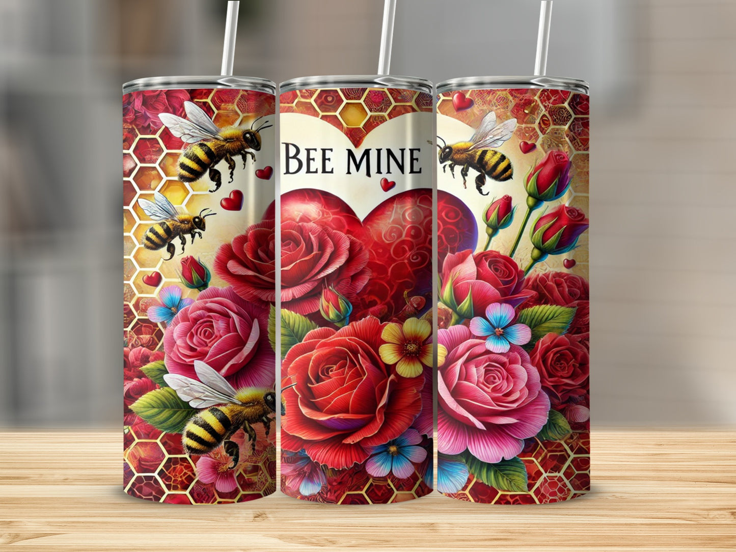 Bee Mine Roses and Honeycomb Heart Pattern Tumbler