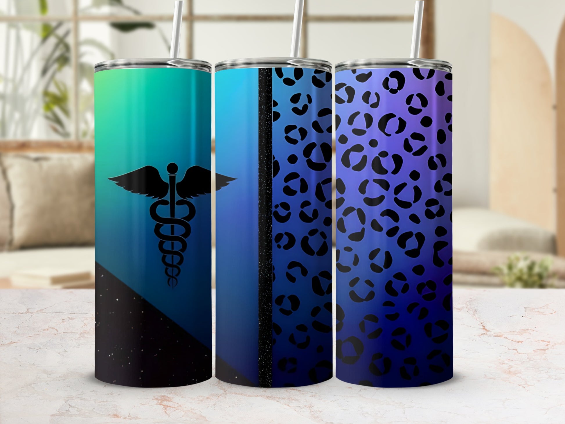 Three tumblers with medical caduceus and leopard print designs.
