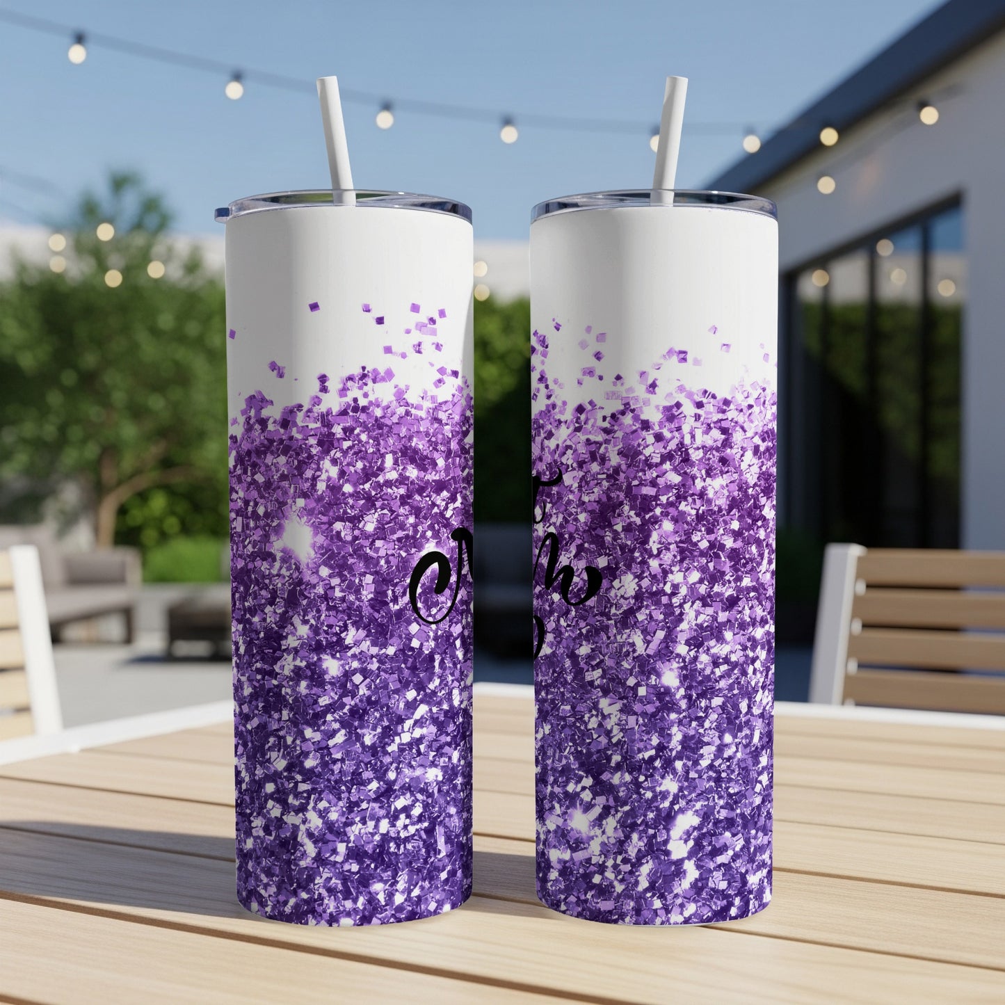 Two white tumblers with purple glitter gradient and "Wife" text.