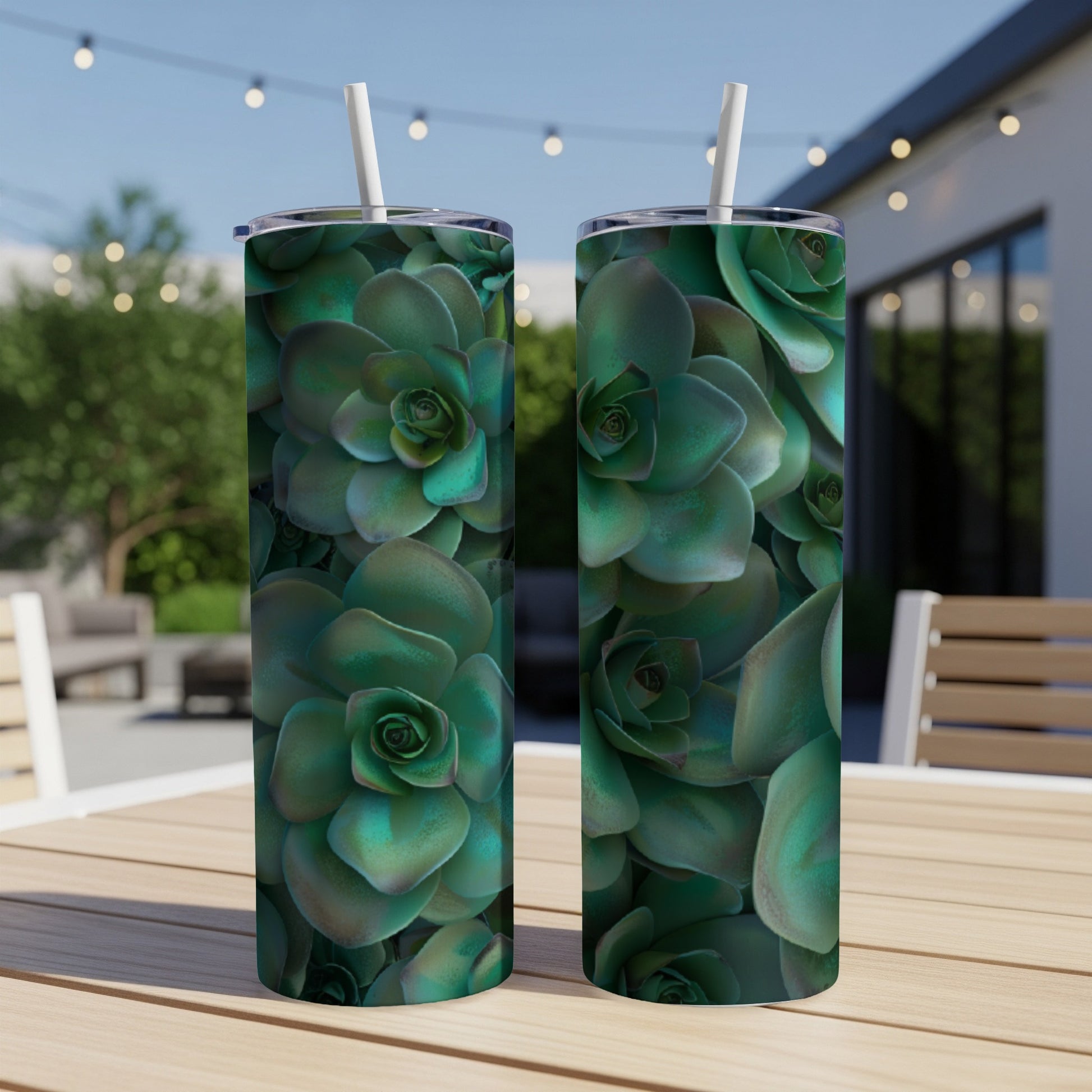 Two tumblers with a detailed close-up pattern of dark green succulents.