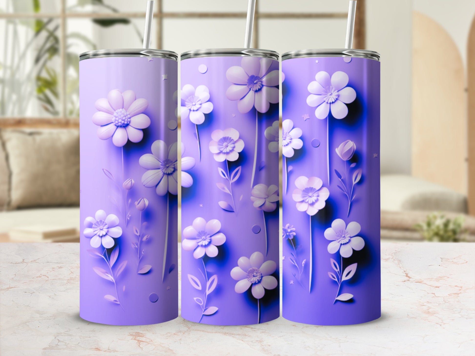 Three lavender tumblers with raised white floral designs and straws.