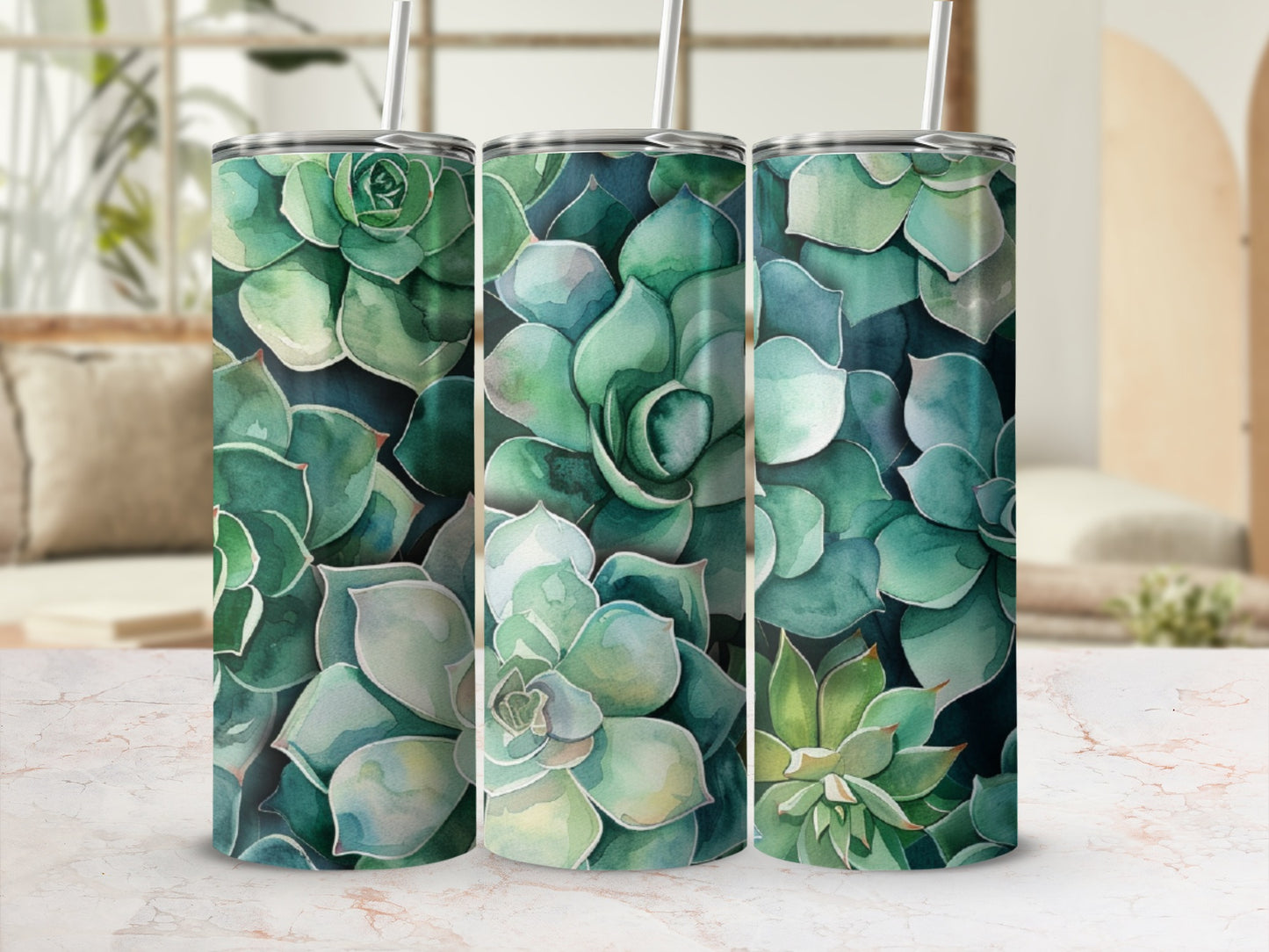Three tumblers with a watercolor succulent design.