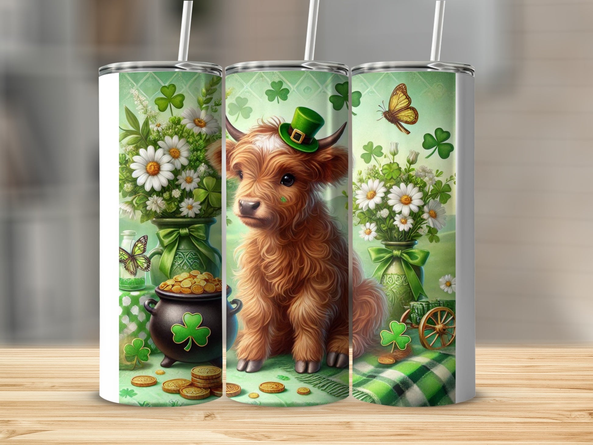 Highland cow in green hat with shamrocks, clovers, and gold coins.