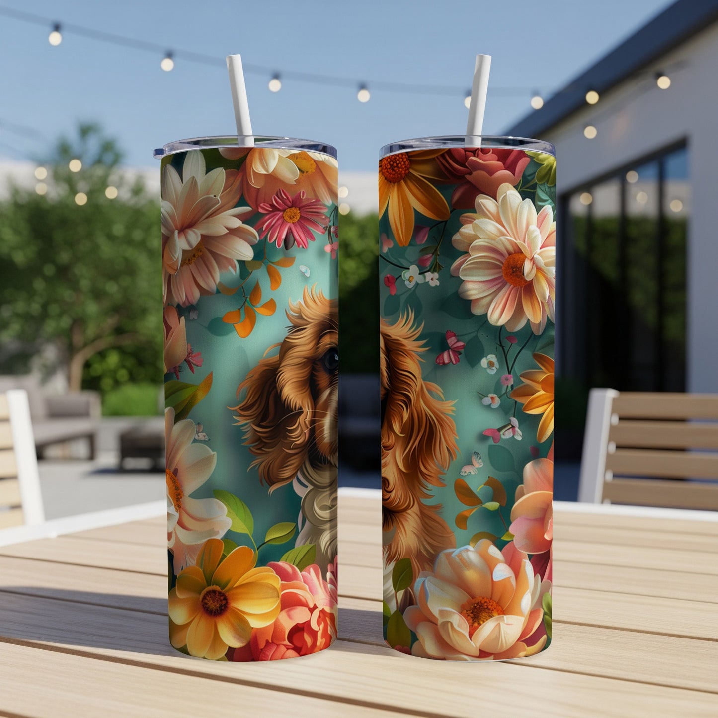 Two tumblers with a floral and dog design displayed on a table.