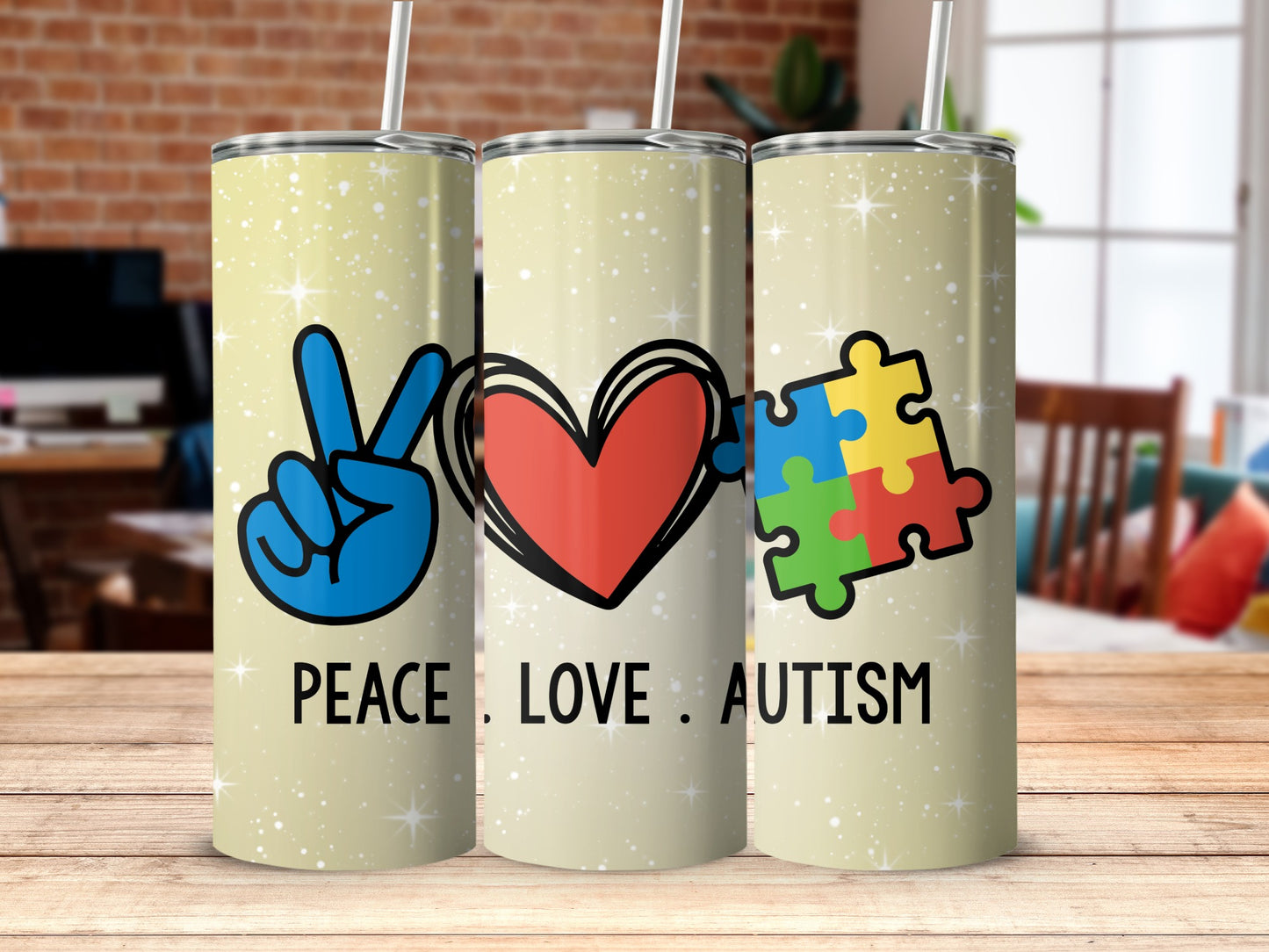 Peace Love Autism Tumbler 20oz Cup with Straw