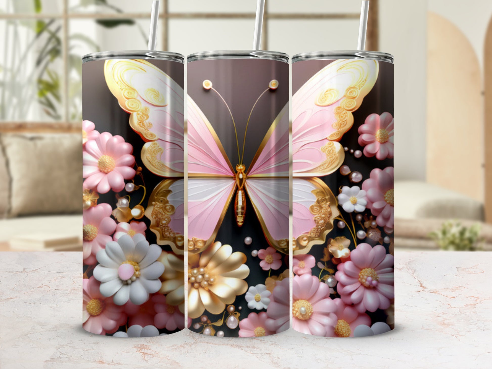 Pink butterfly and floral tumbler on display.