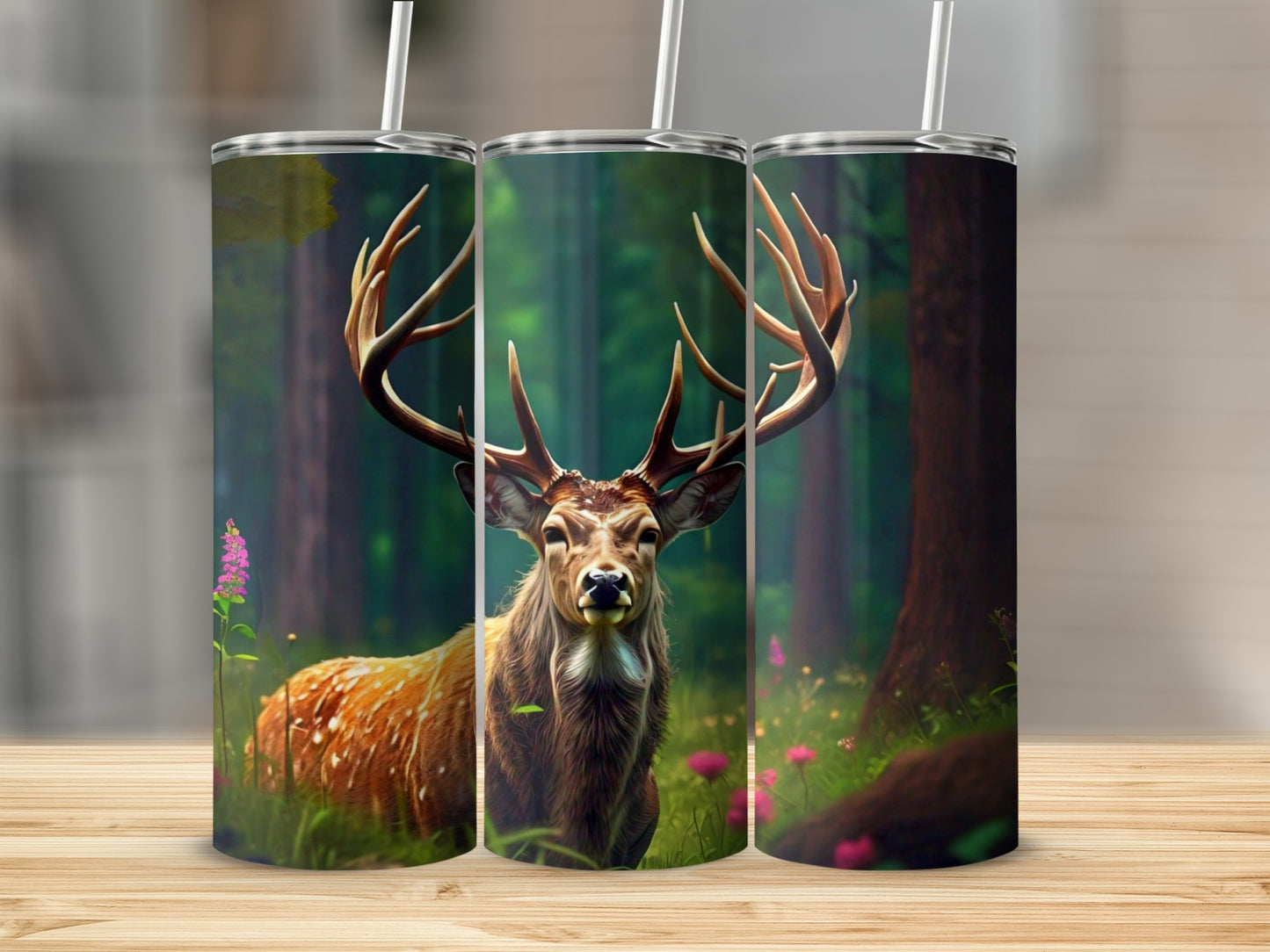 Forest Deer and Flowers Print Tumbler Cup