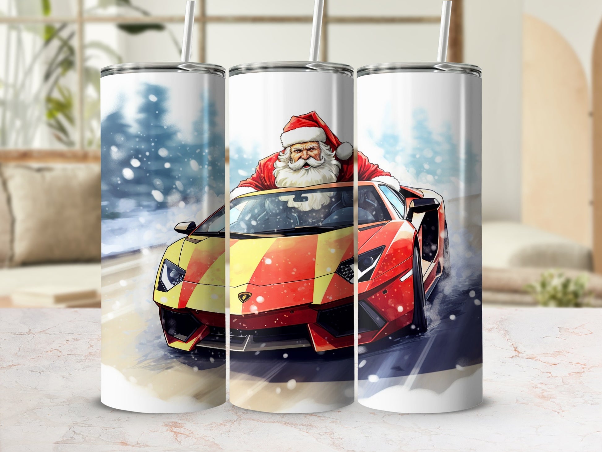Santa Driving Sports Car in Snowy Scene tumbler