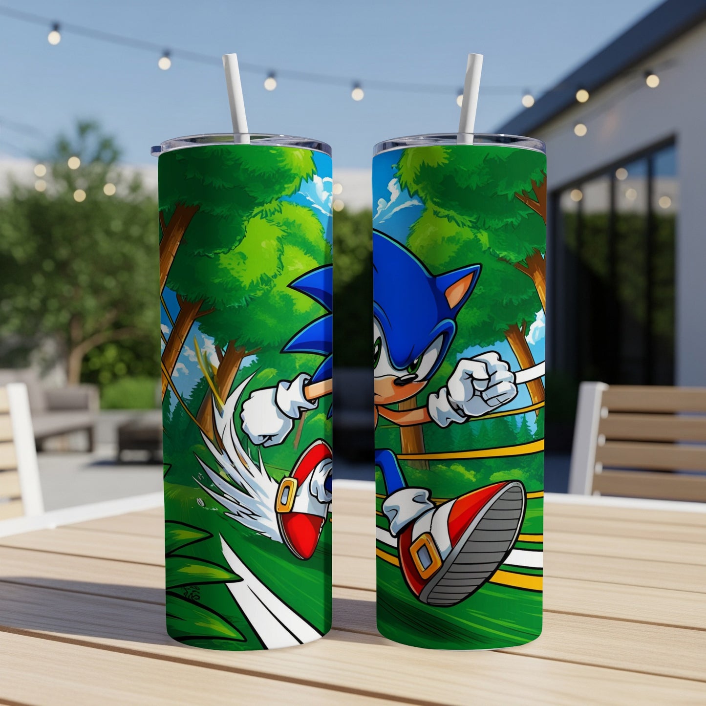Sonic the Hedgehog running on a green track with trees in the background.