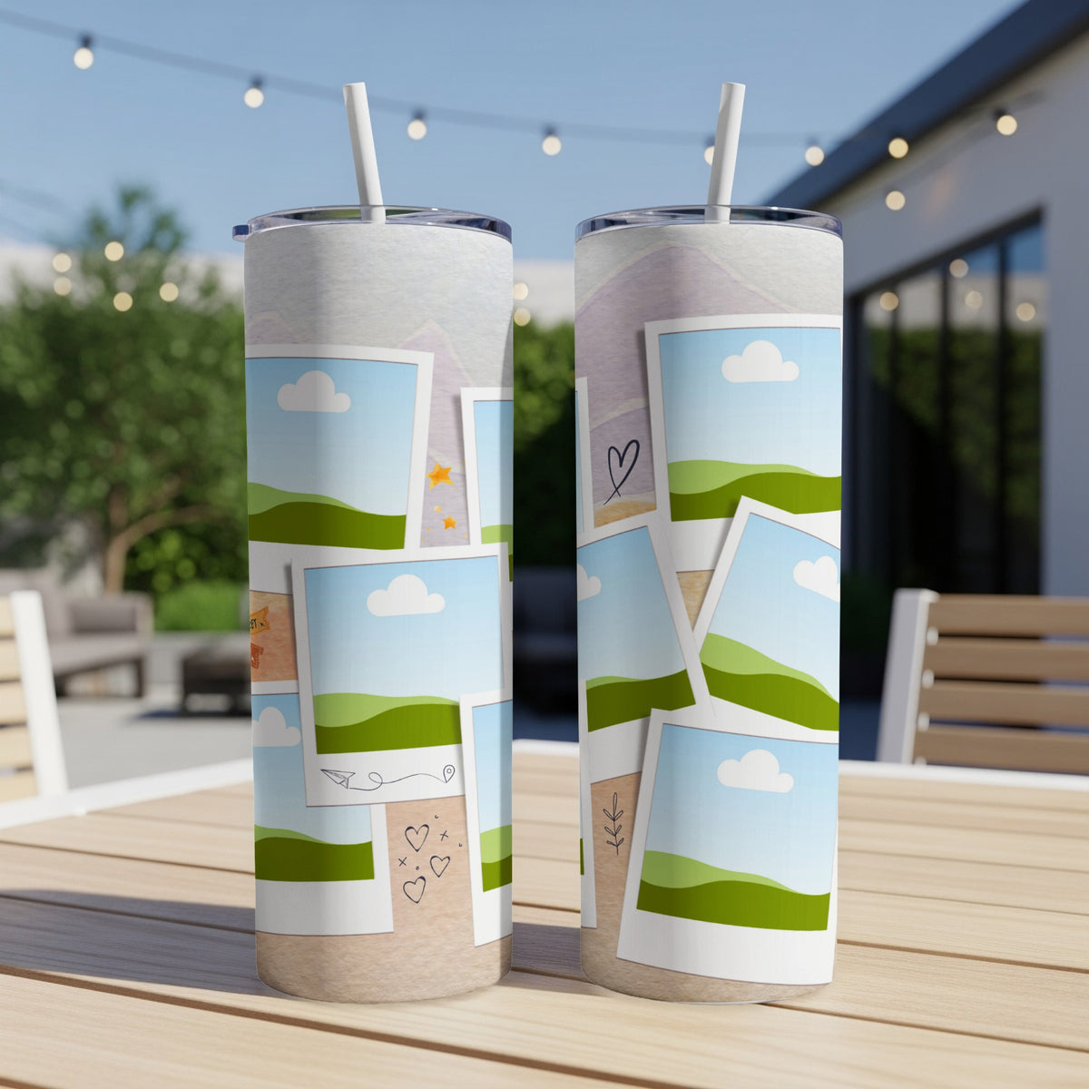 Two tumblers with a collage of polaroid-style photos of landscapes and doodles.