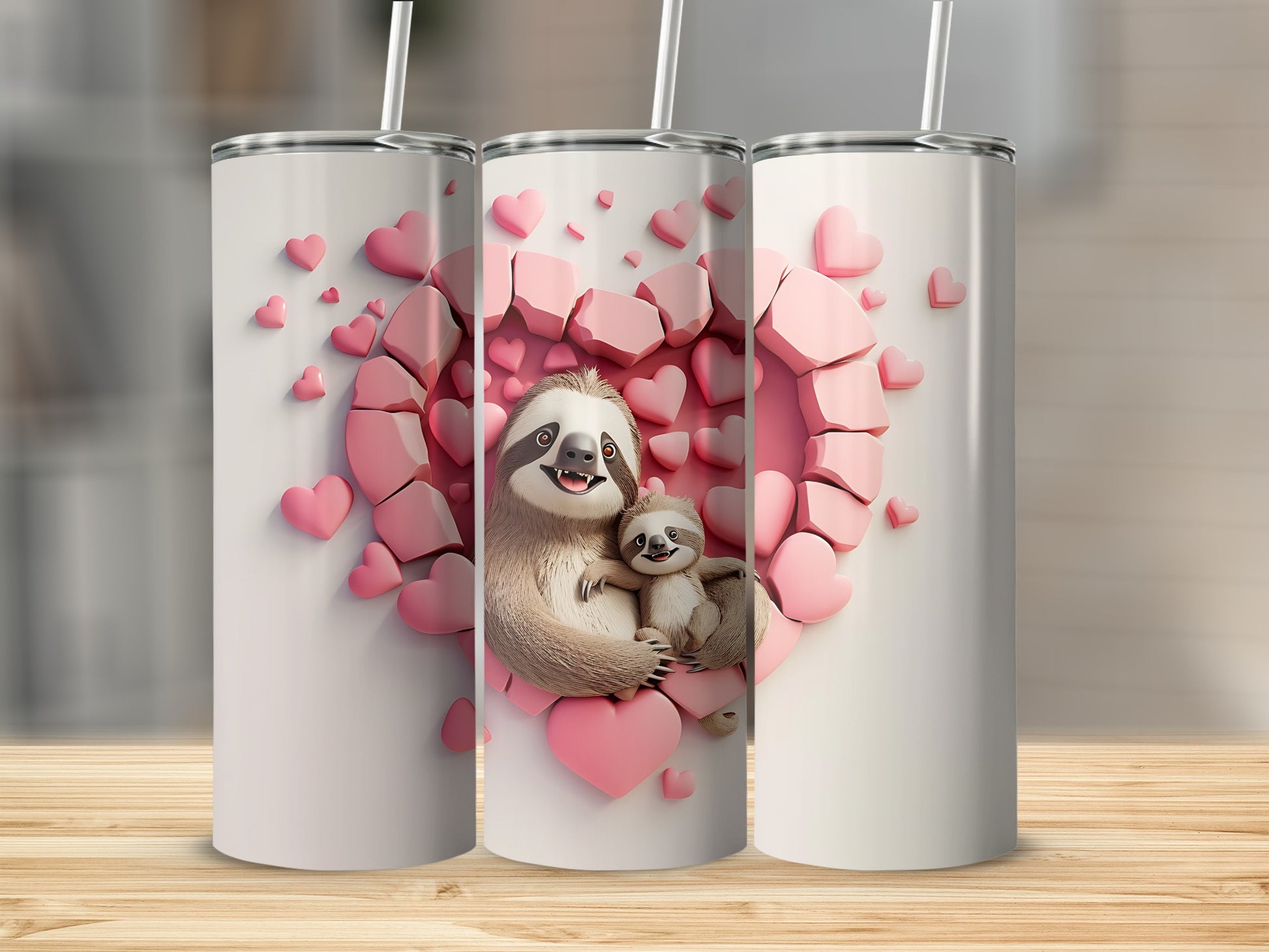 Three tumblers, one with a sloth family in a heart, two blank.