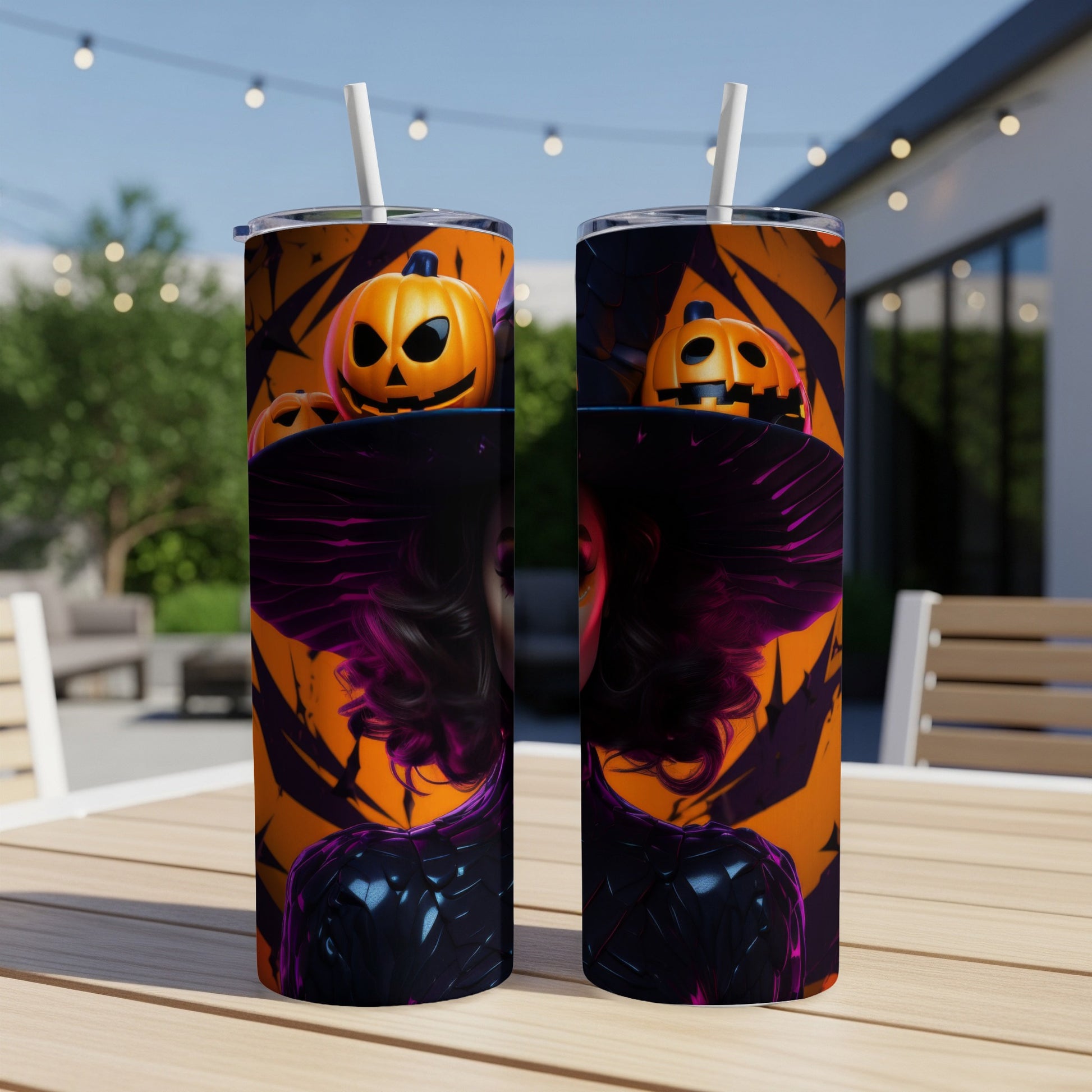 Two tumblers with Halloween witch and jack-o'-lantern designs on a table.