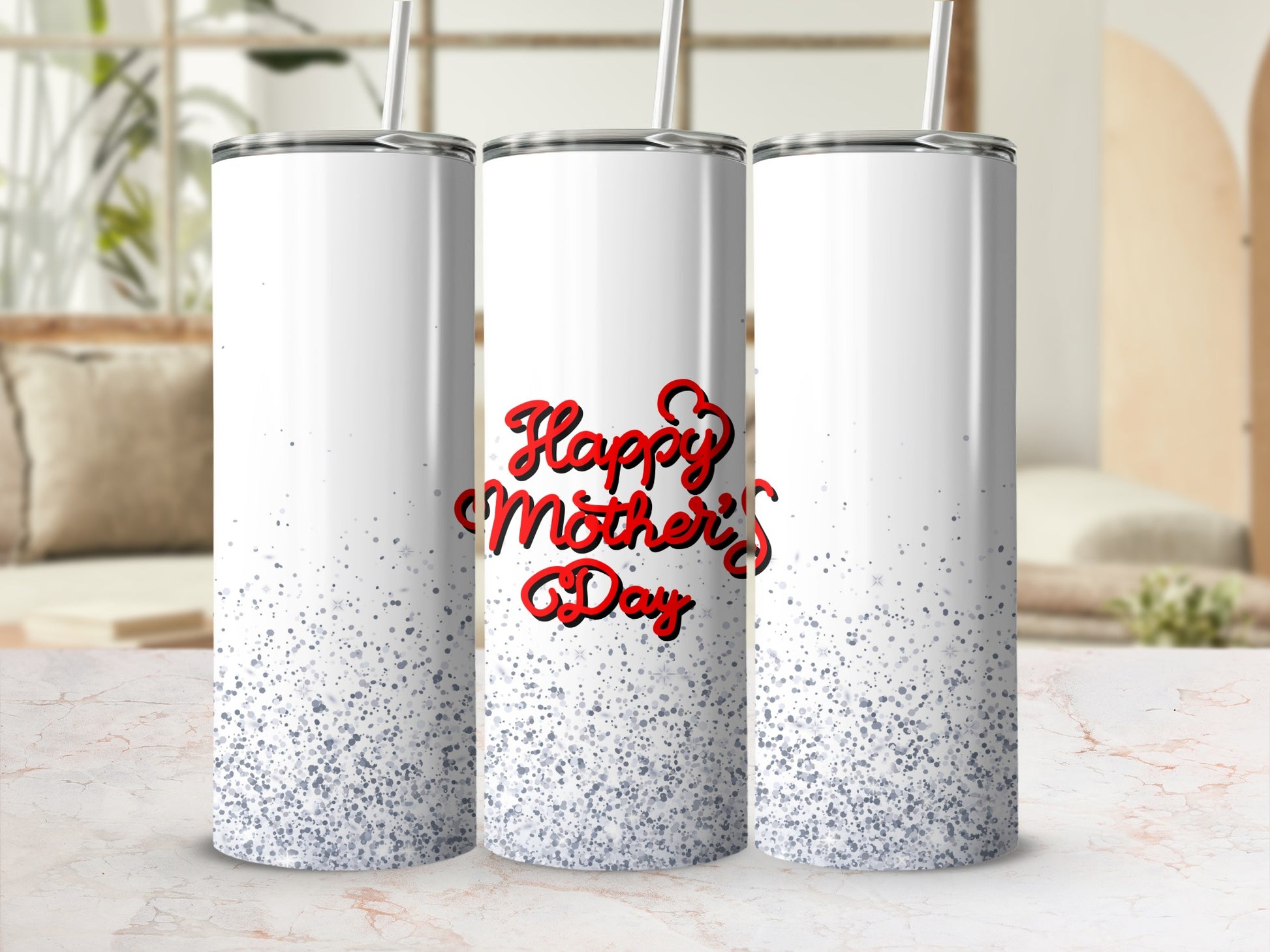 White tumbler with "Happy Mother's Day" text and glitter design.