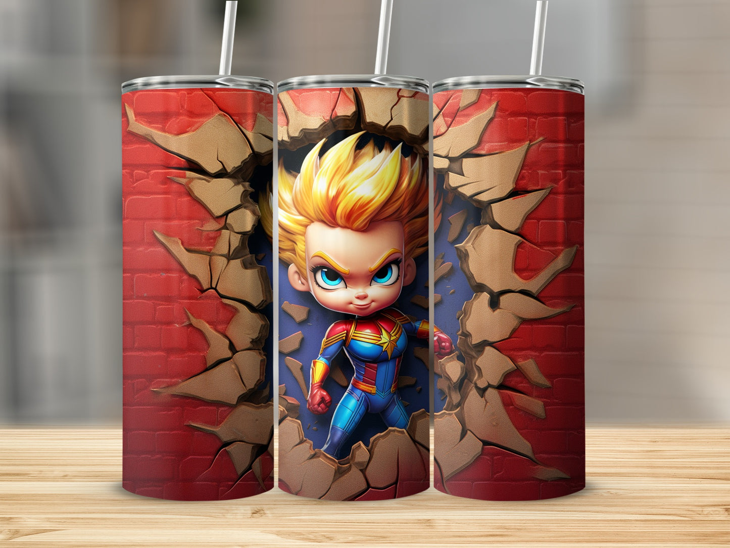 Superhero Chibi Graphic Wall Break Design Tumbler