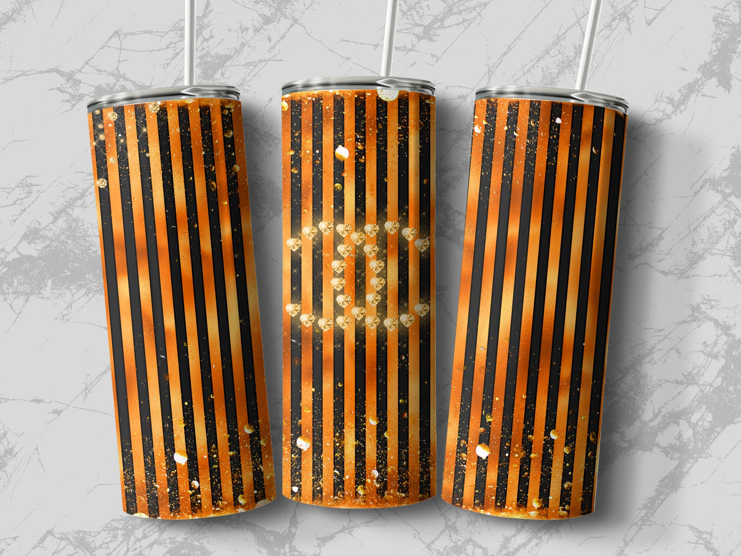 Black and Orange Striped Glittery Tumbler Cup