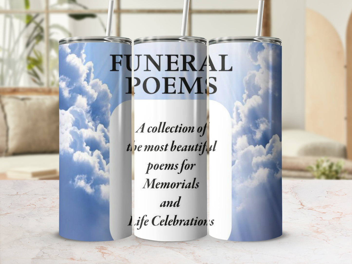 Tumbler with "Funeral Poems" and "A collection of the most beautiful poems for Memorials and Life Celebrations" text.