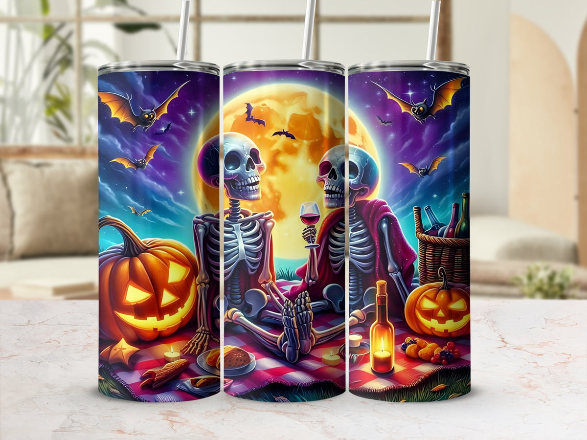 Halloween tumblers with skeletons, bats, pumpkins, and a full moon picnic scene.