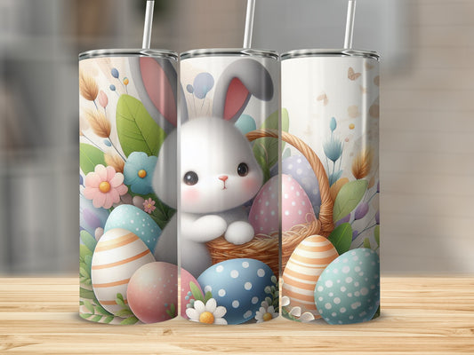 Easter bunny holding basket with eggs and flowers.