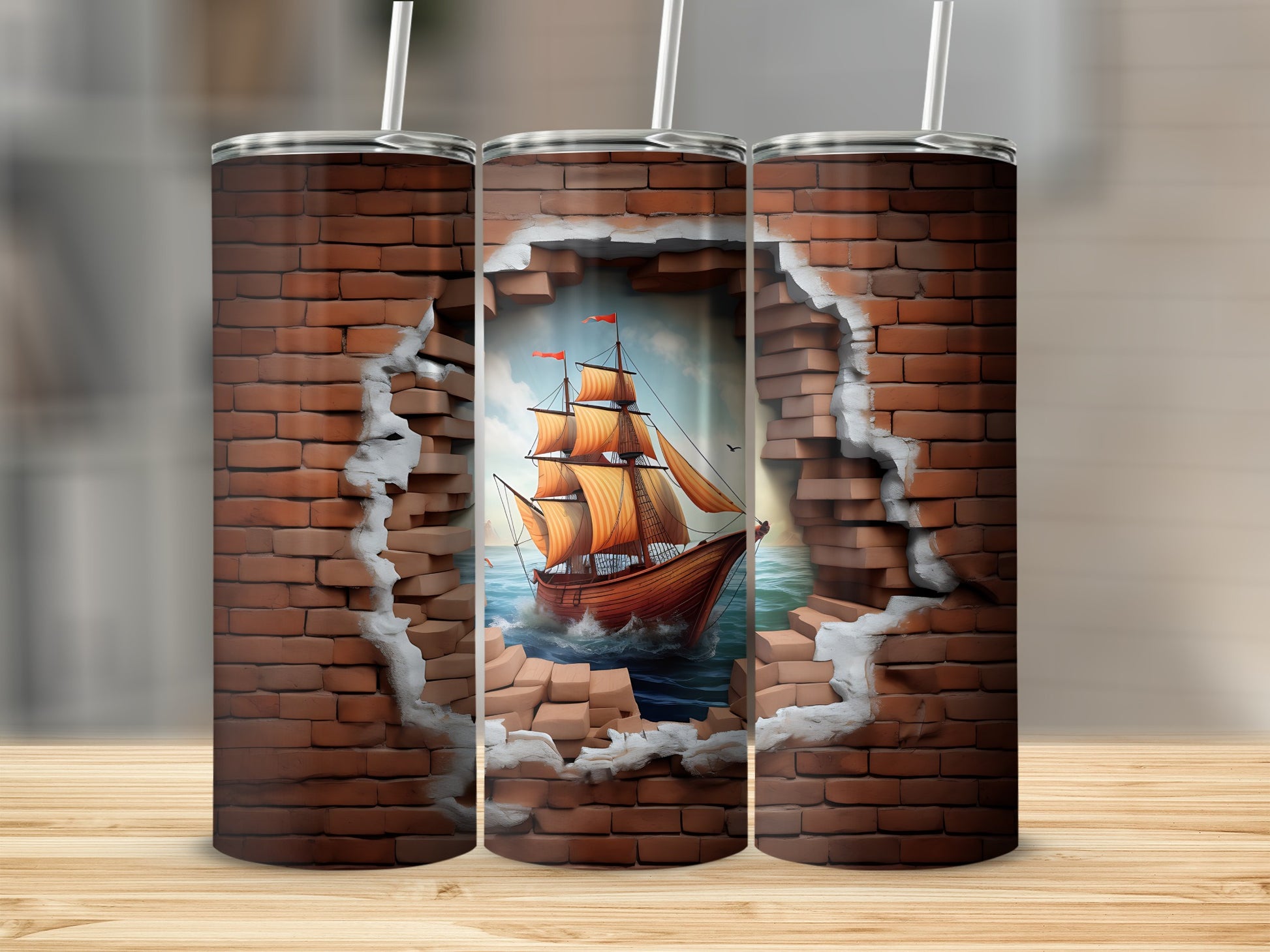Vintage Ship Sailing through Broken Brick Wall Print Tumbler