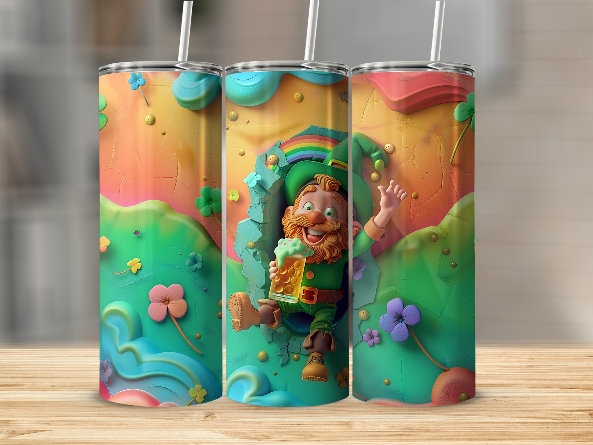 Leprechaun emerging from a colorful St. Patrick's Day themed scene holding a mug.