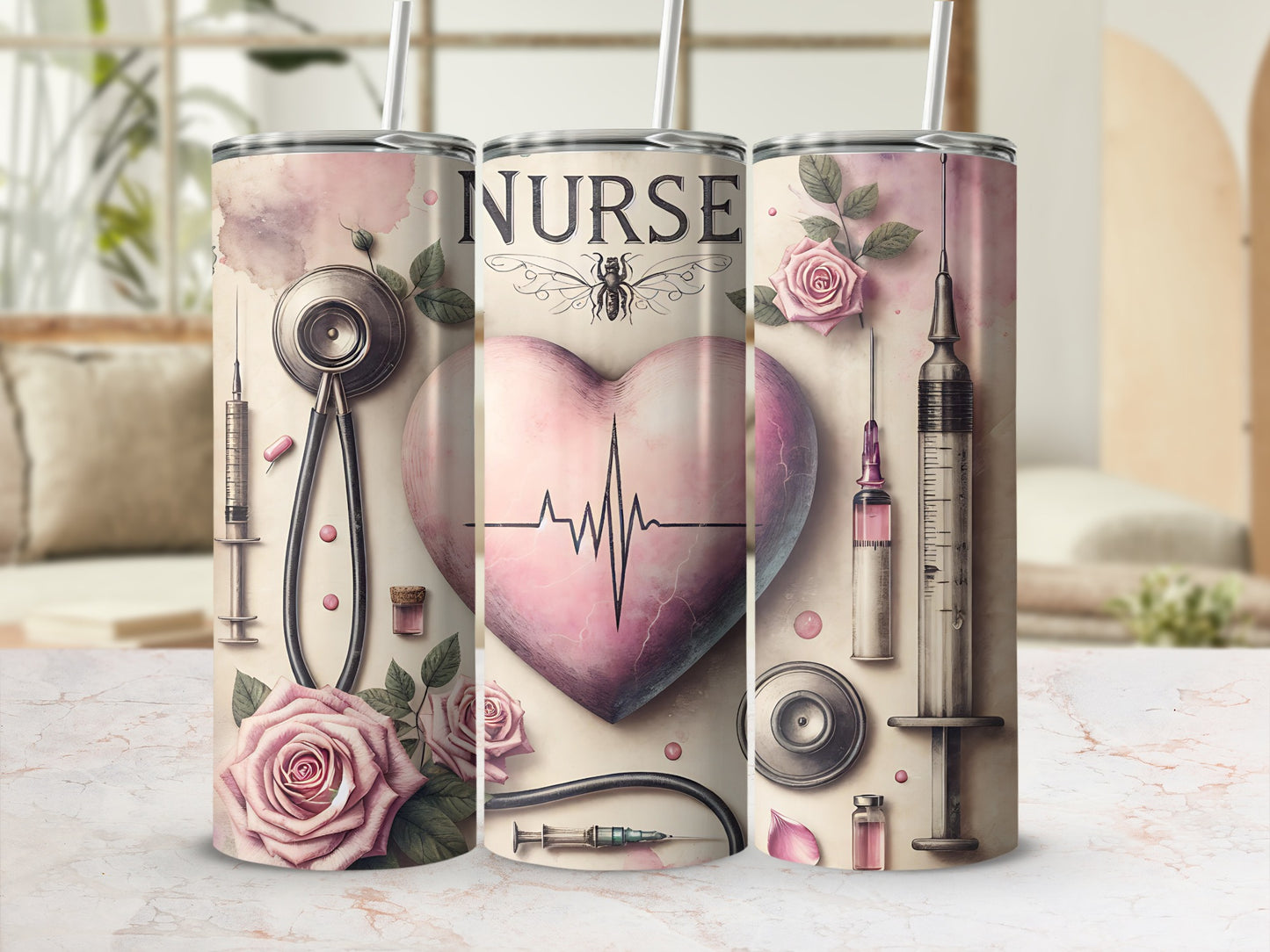 NURSE Stethoscope Syringe Heartbeat Roses Medical Pink Watercolor product type