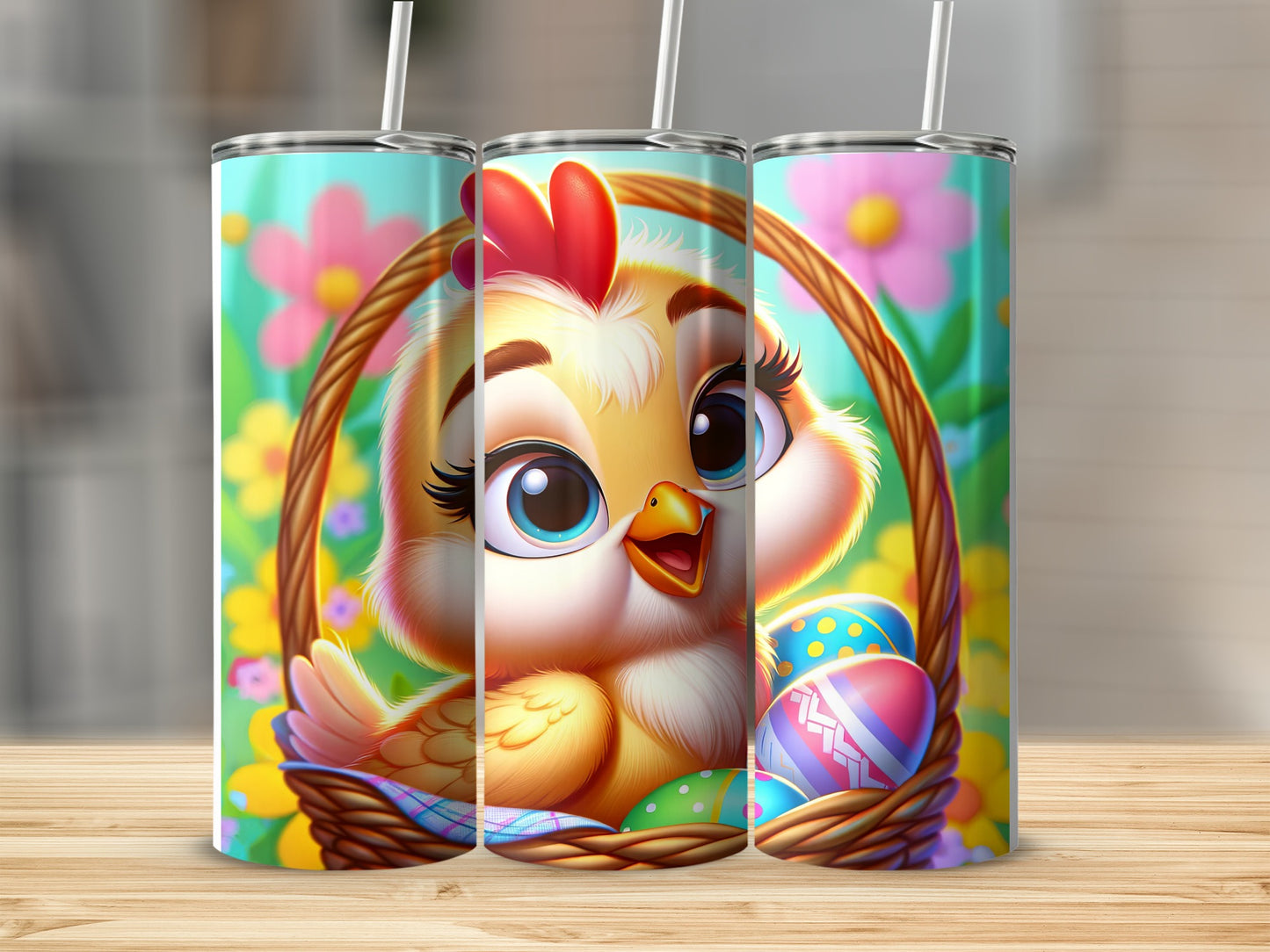 Cartoon chick in a basket with Easter eggs, colorful flowers in background.