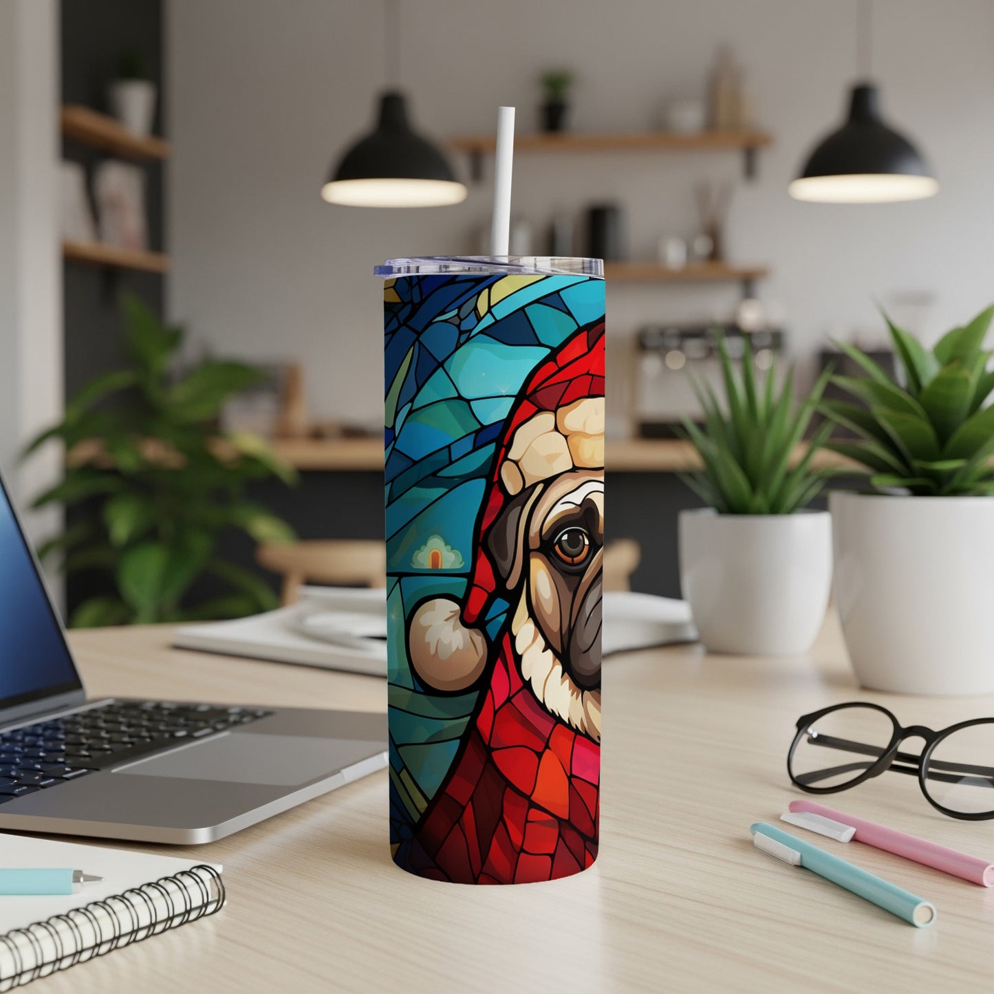 Stained glass pug wearing Santa hat on a tumbler.