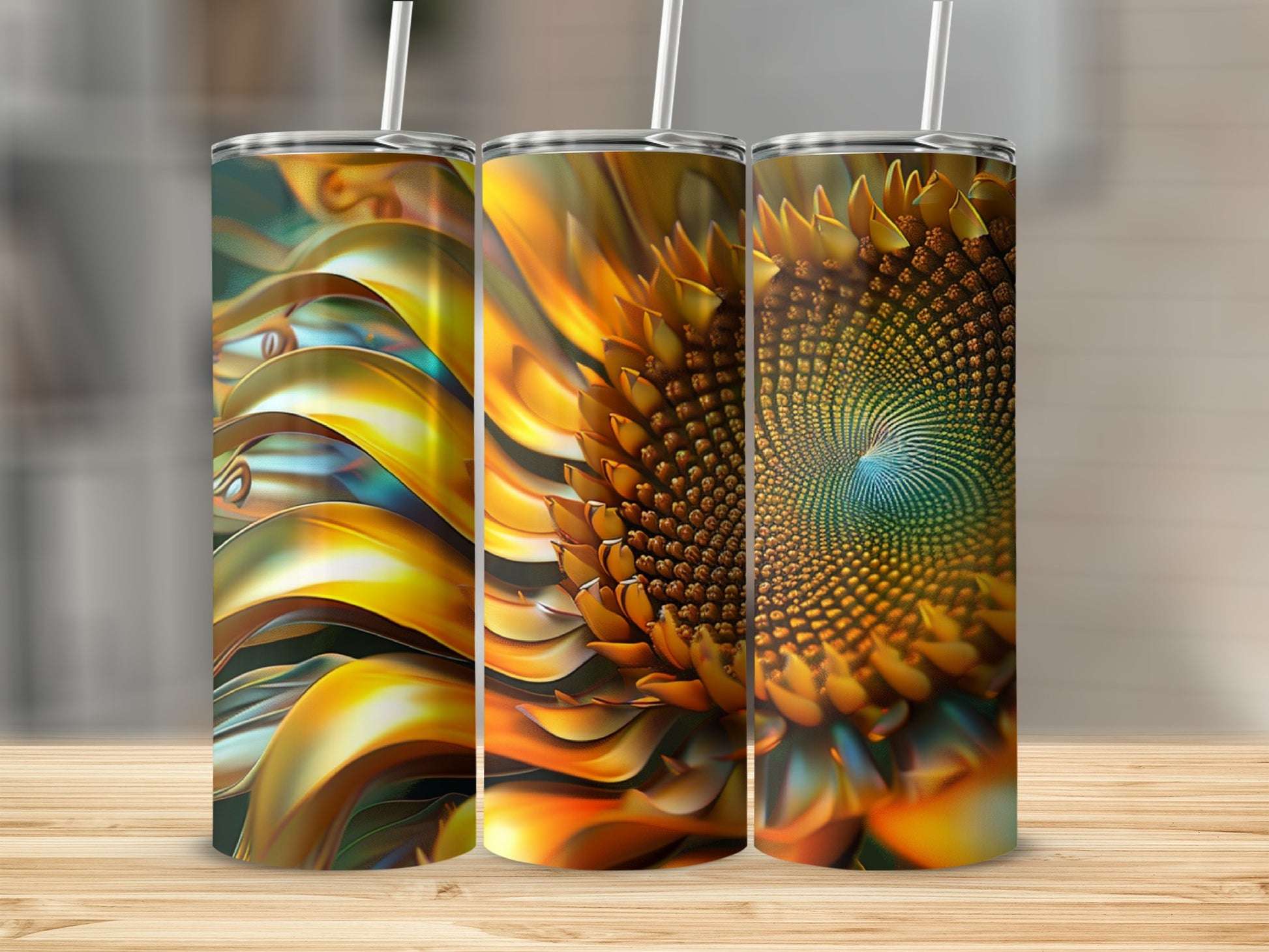 Three tumblers featuring abstract golden sunflower patterns.