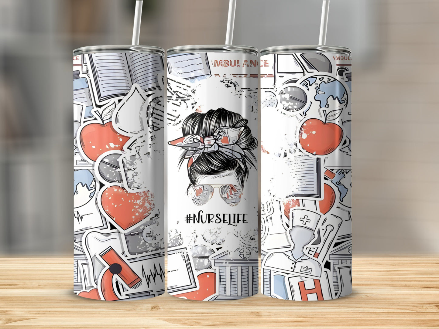 Tumbler with #NurseLife messy bun graphic and medical pattern.