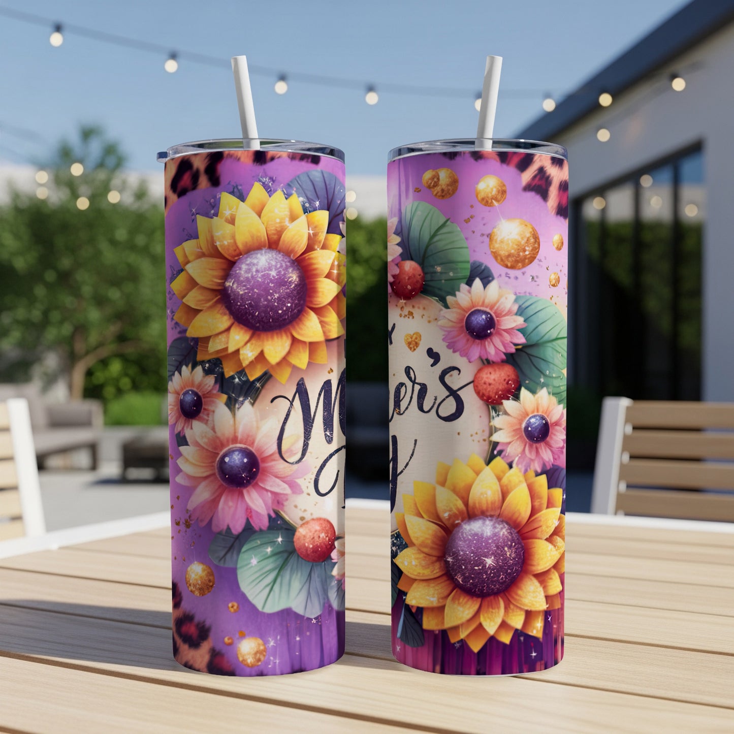 Two tumblers with sunflowers and "Happy Mother's Day" text.