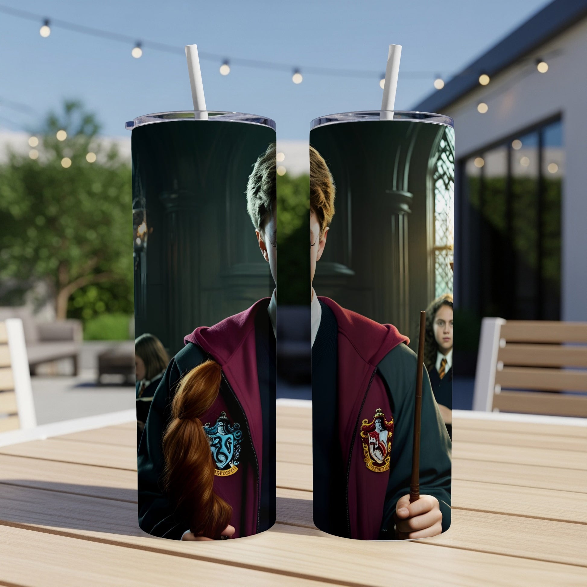 Harry Potter character with wand, wearing Hogwarts uniform, on a tumbler.