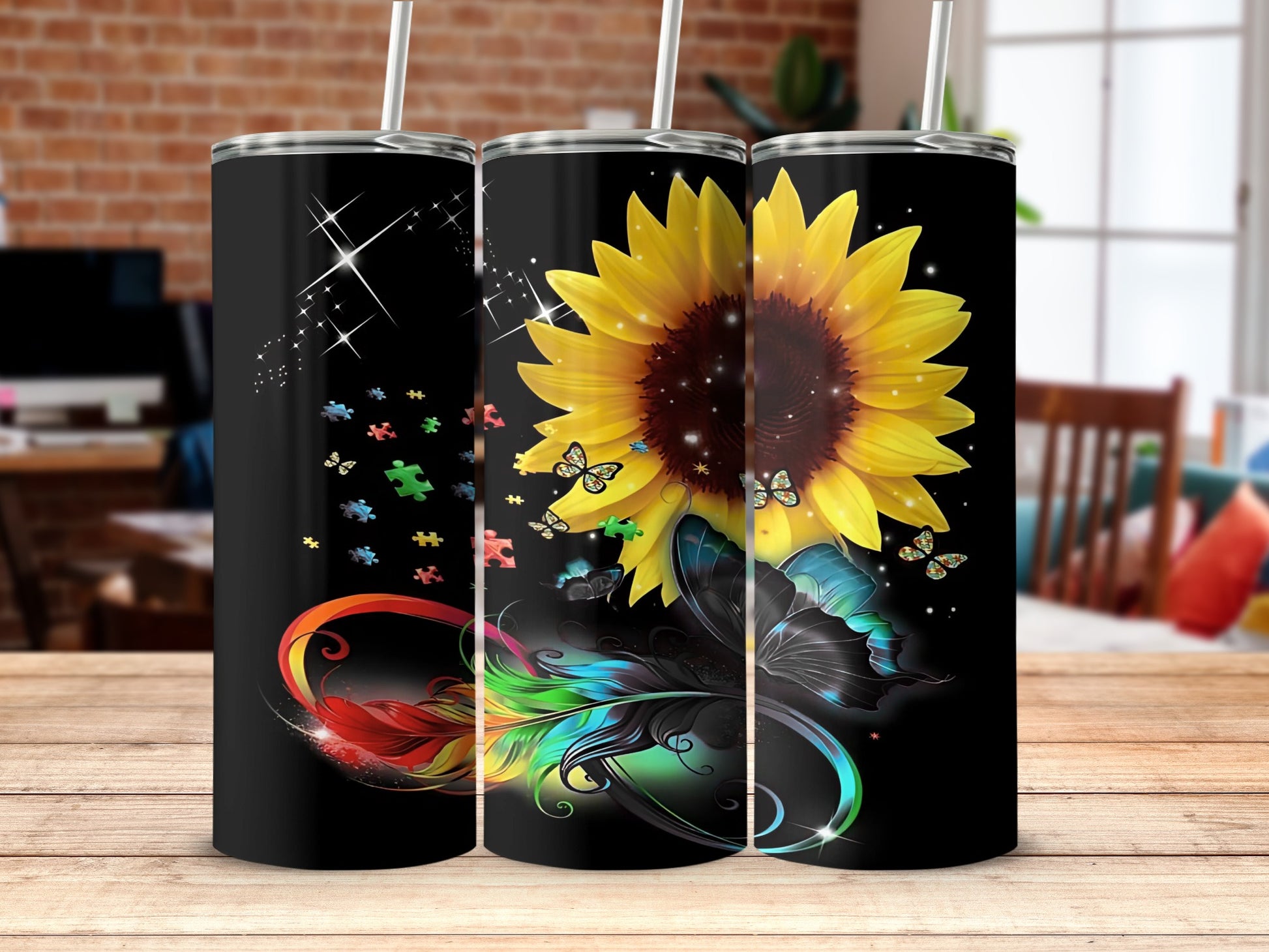 Colorful Butterfly and Sunflower Theme Tumbler