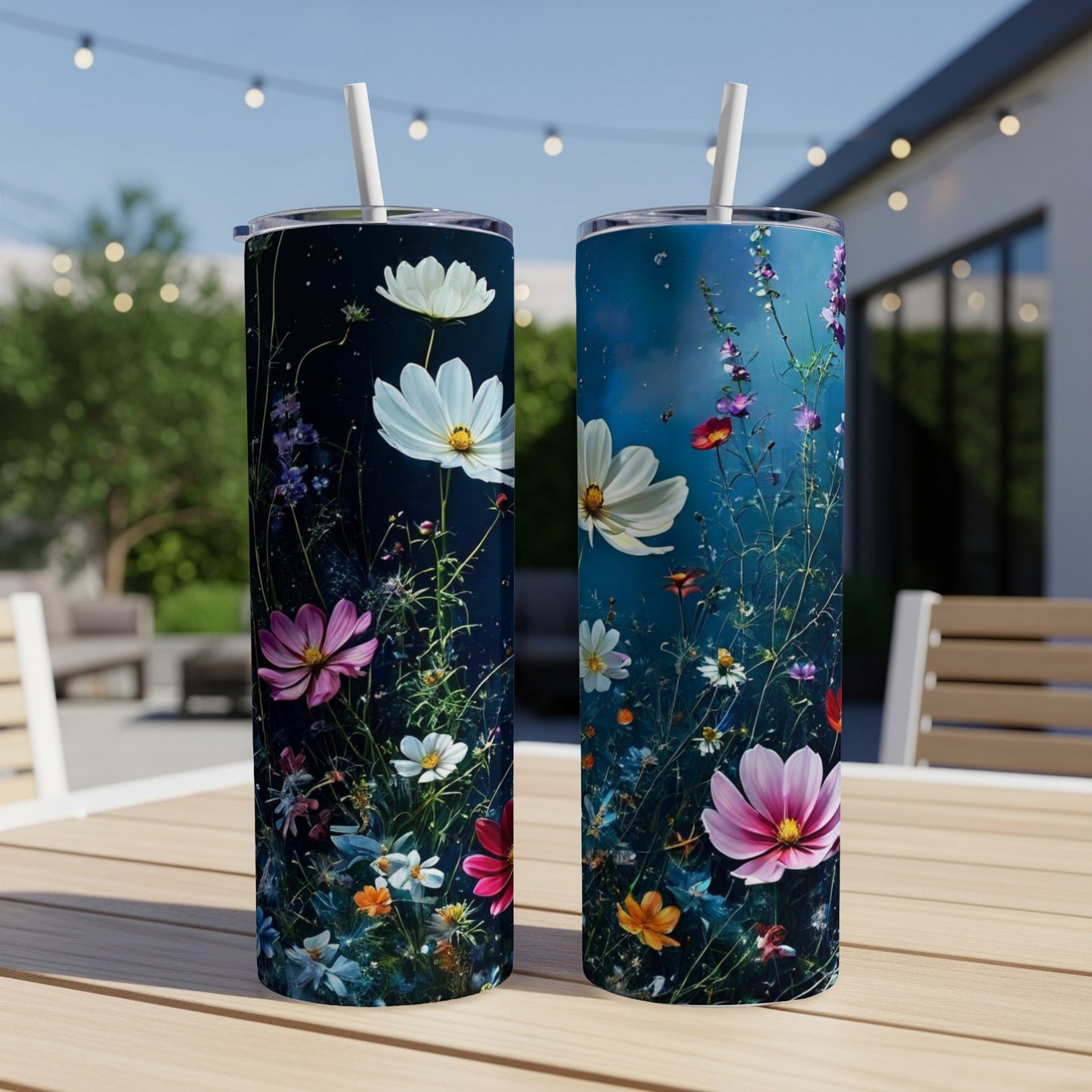 Two tumblers with colorful wildflower illustrations on a wooden table.