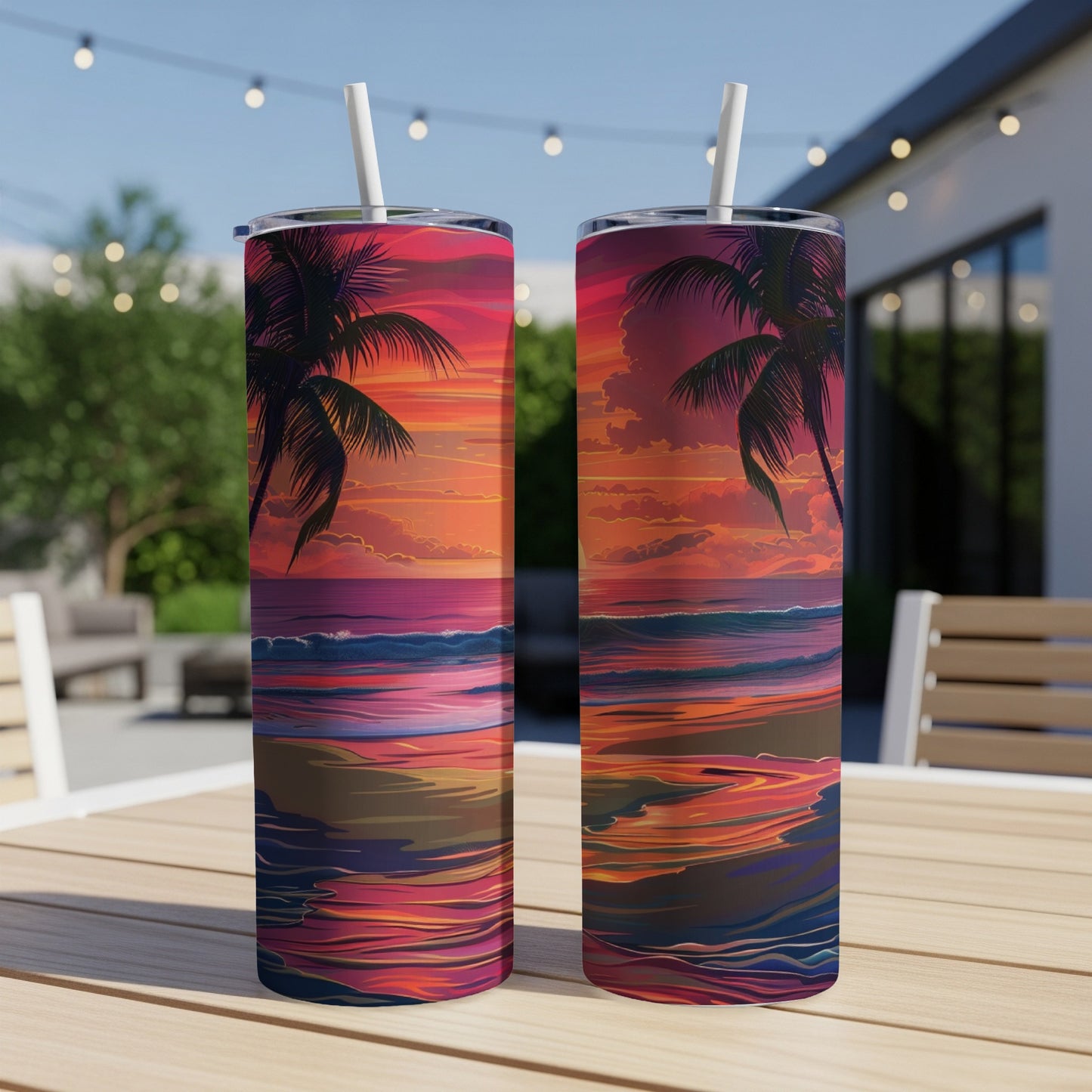 Two tropical beach sunset tumblers with vibrant colors on a table.