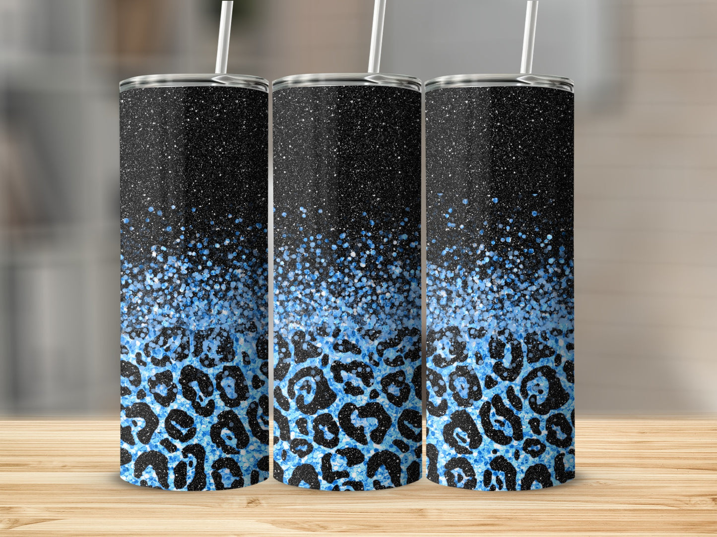Black and Blue Glitter Leopard Print Tumbler Product