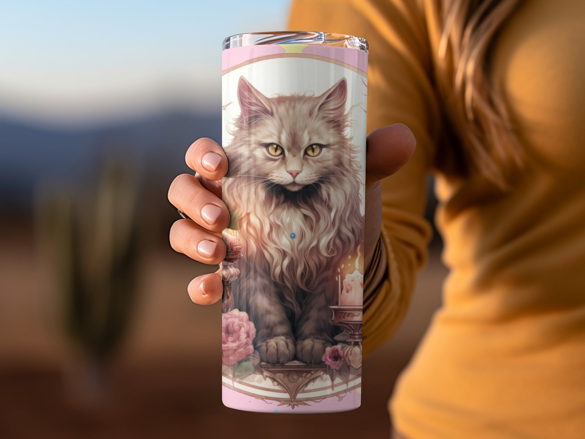 Cute Long-Haired Cat Art on Pink Flowers Tumbler