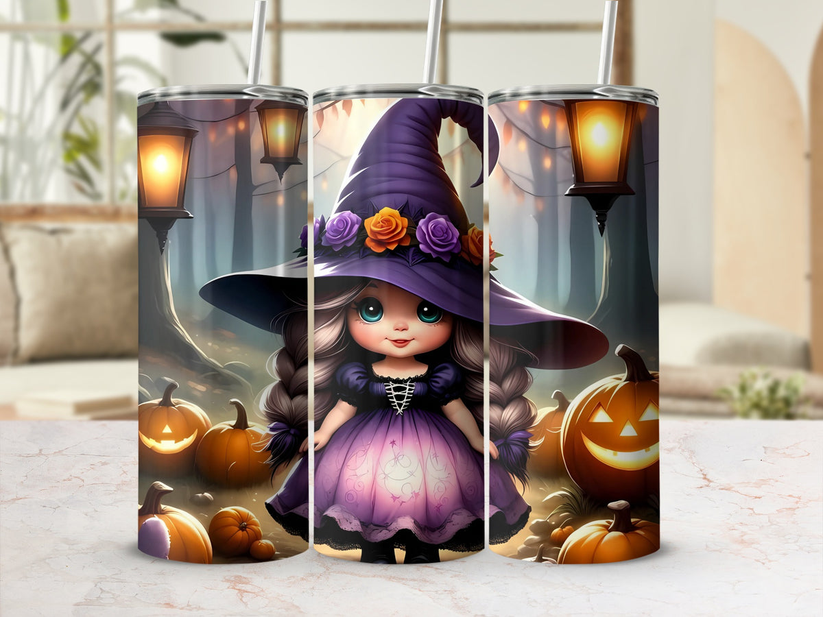 Halloween witch tumbler with pumpkins, jack-o-lanterns, and vintage lamps.