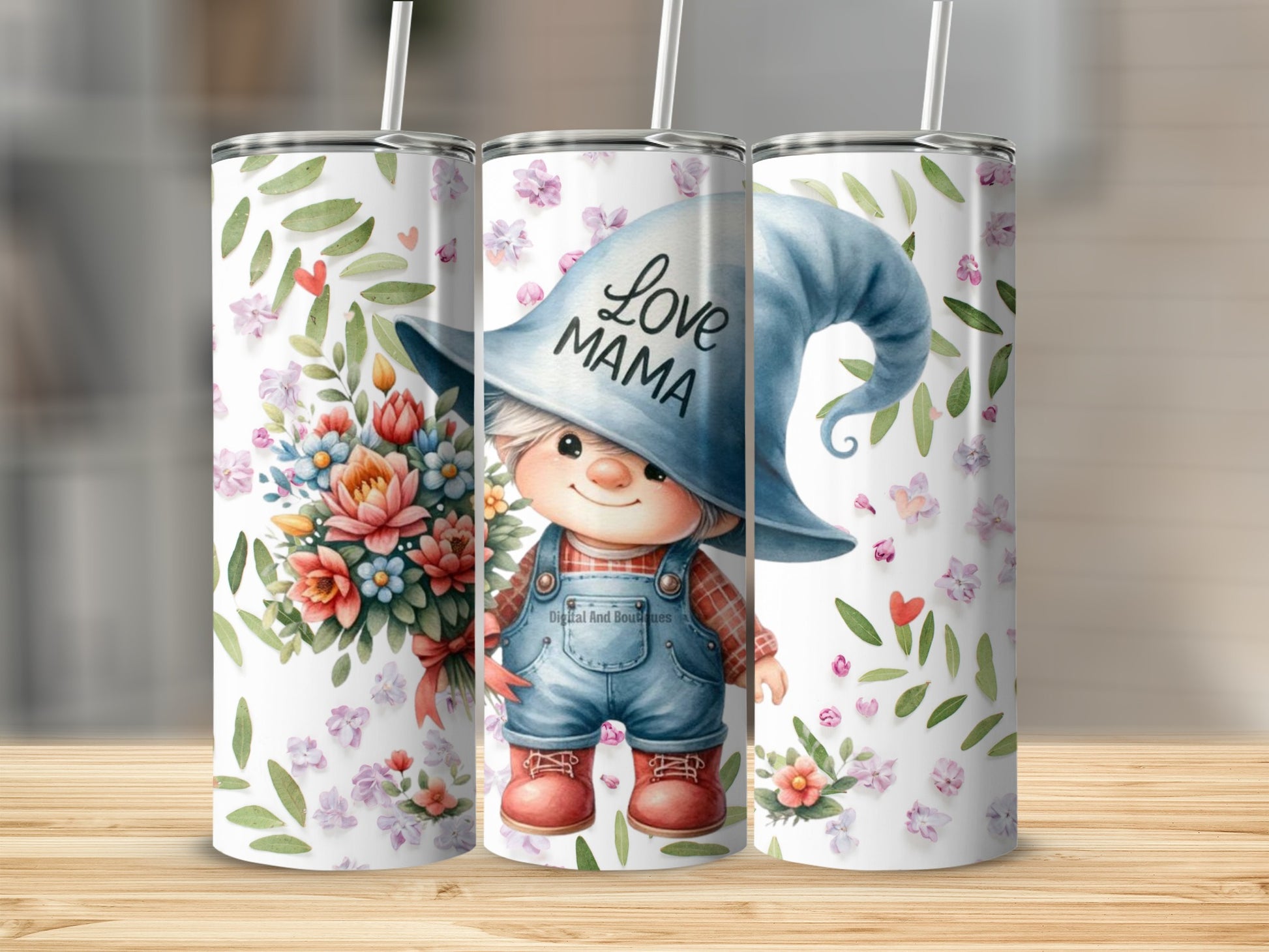 Love Mama Gnome and Floral Pattern Tumbler Cup
