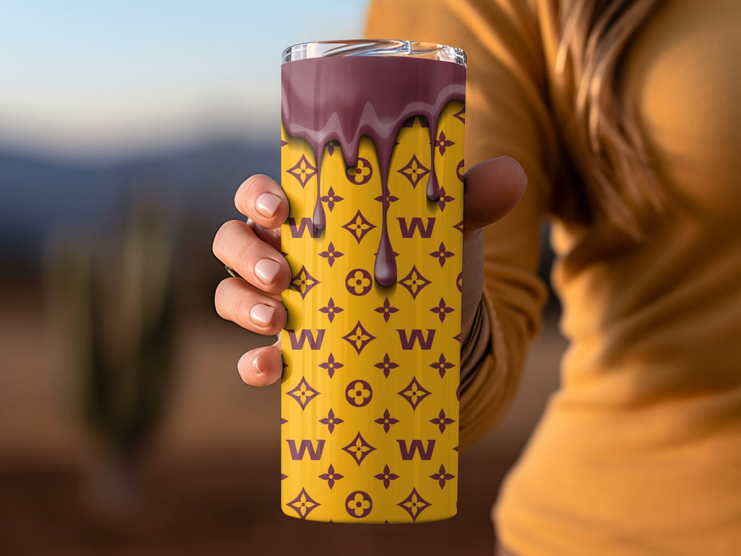 Yellow Background with Pattern and Burgundy Drip Tumblers